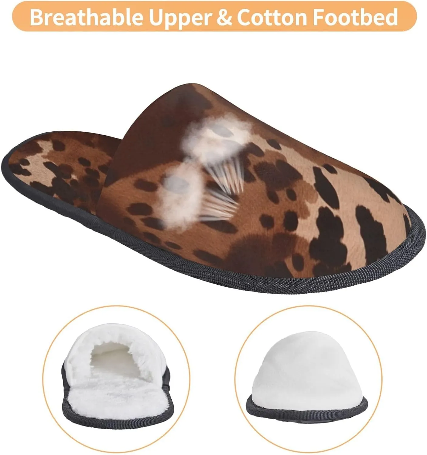 Brown cowhide art Furry Slippers for Men Women Fuzzy Memory Foam Slippers Warm Comfy Slip-on Bedroom Shoes Winter House Shoes for Indoor Outdoor