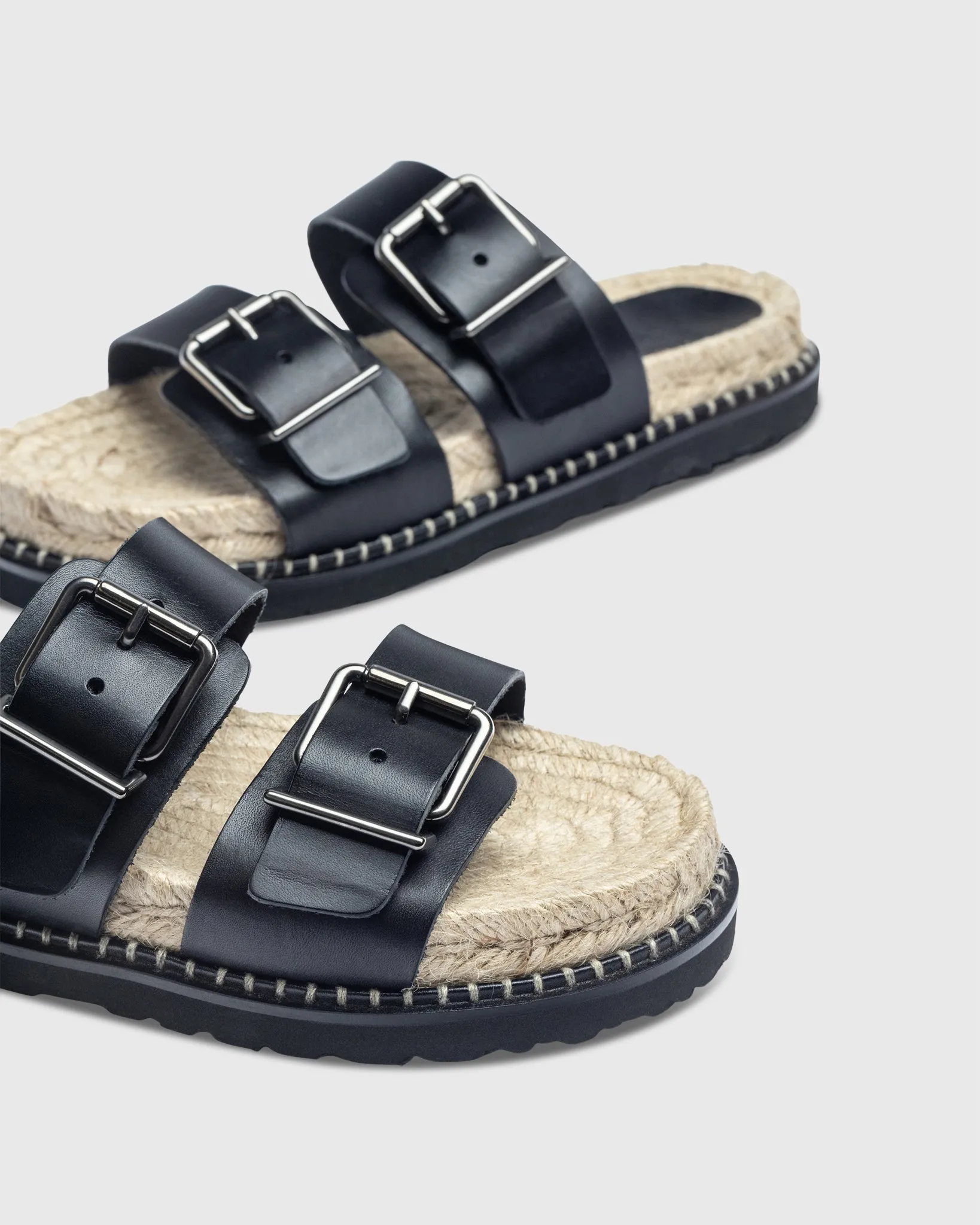 Buckle Slide Espadrille Sandal in Black Leather