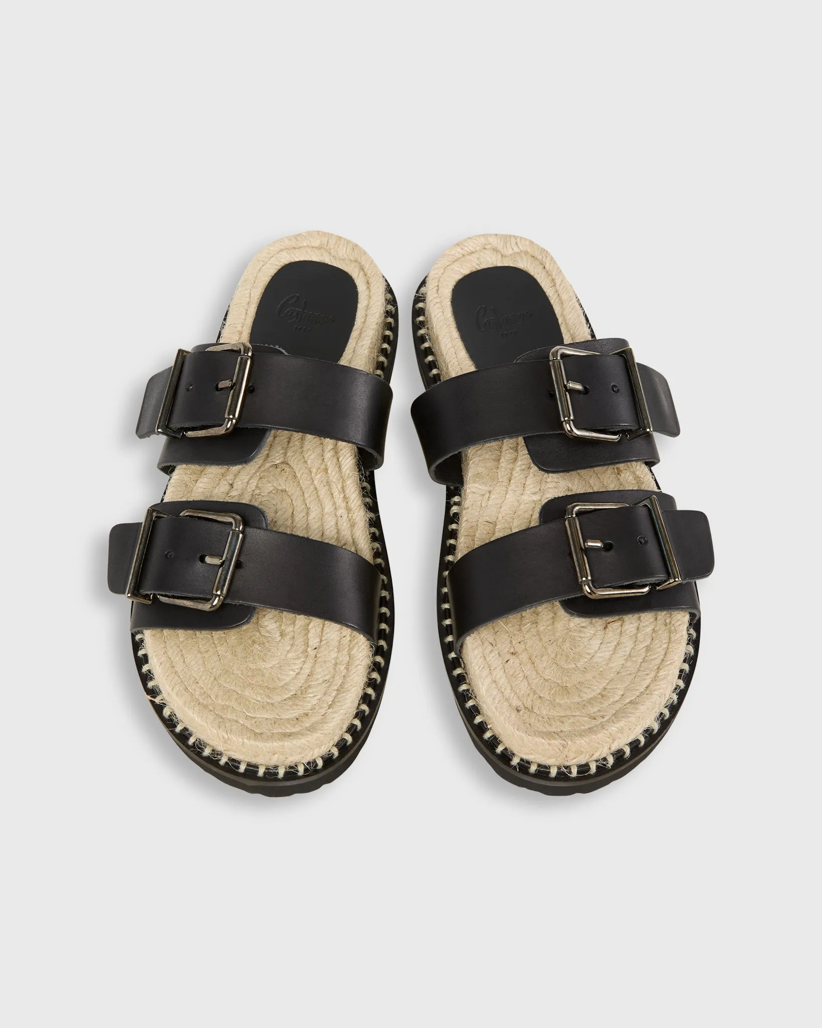 Buckle Slide Espadrille Sandal in Black Leather