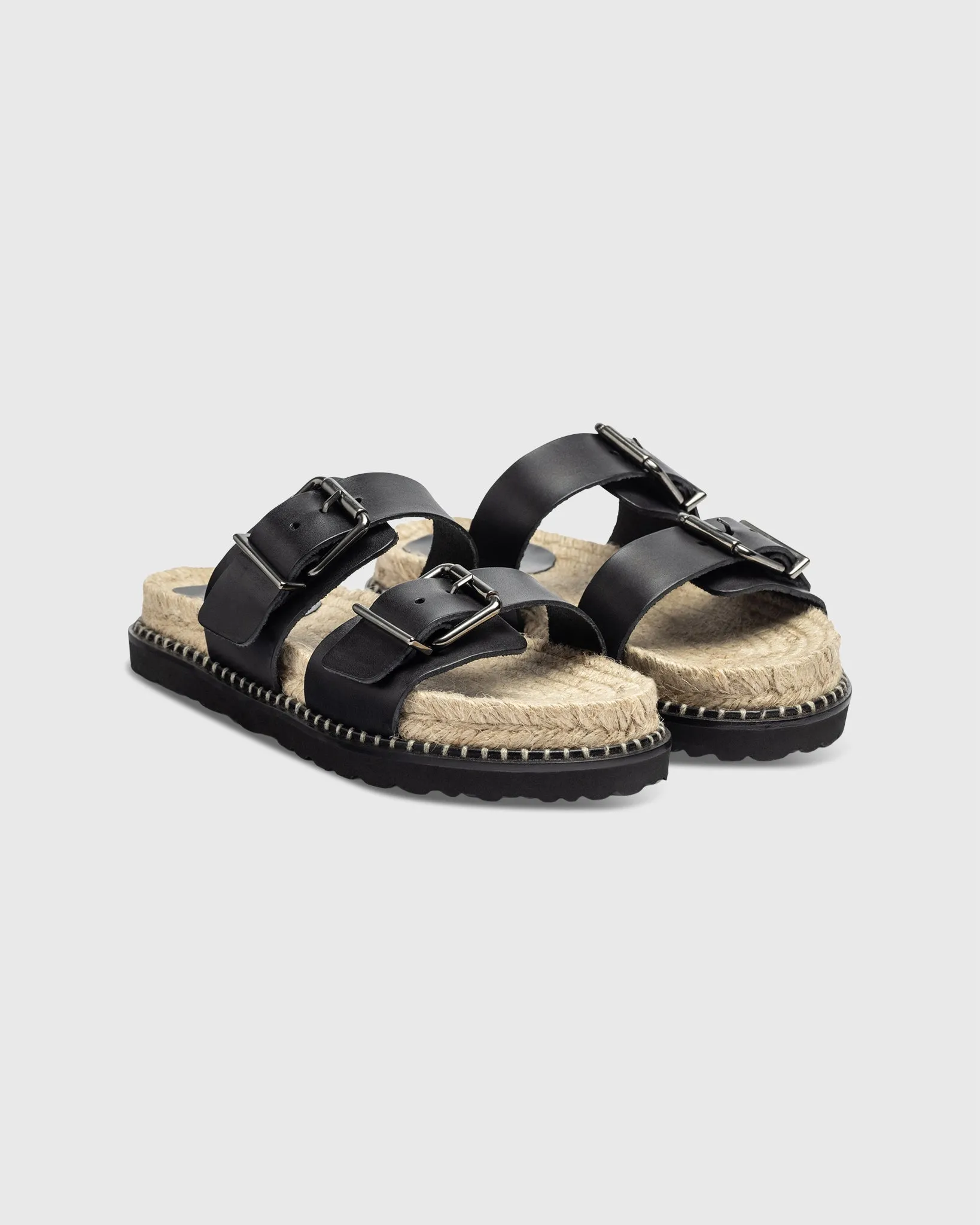 Buckle Slide Espadrille Sandal in Black Leather