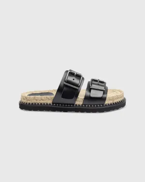 Buckle Slide Espadrille Sandal in Black Leather
