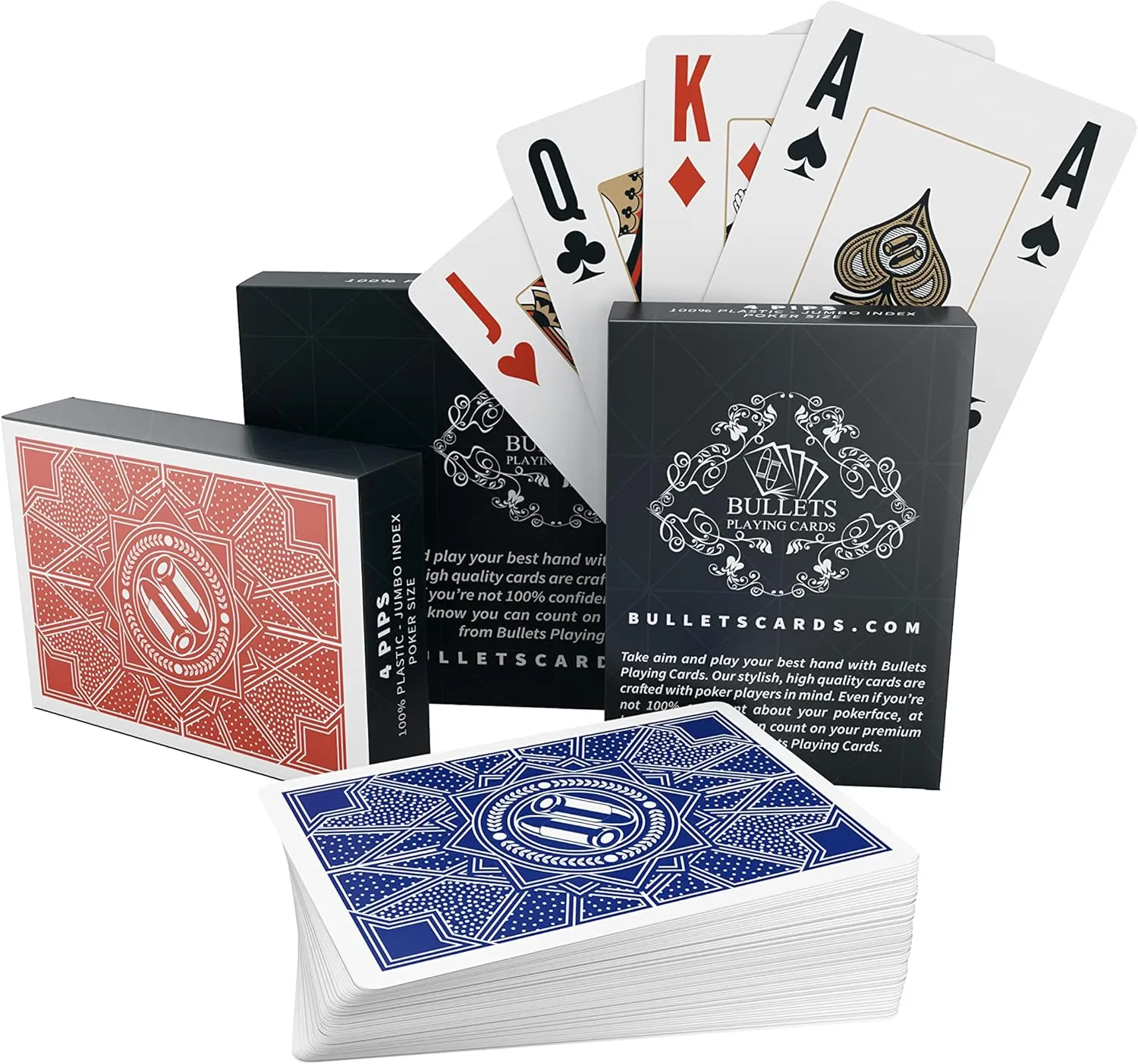 Bullets Playing Cards, Two Decks of Paulie-Design Poker Cards, Waterproof Plastic, Jumbo Index & Four Pips, Including Cut-Card, Professional Playing Cards for Texas Holdem Poker