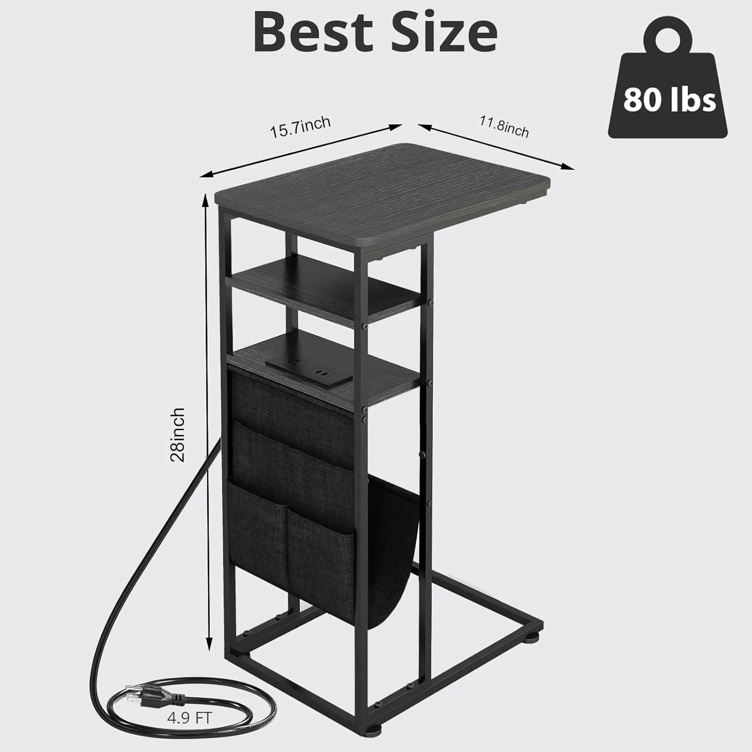 C Shaped End Table with Charging Station, C Shape End Table for Couch, 28"(H) C Shaped Side Table with Storage Bag, C Table for Sofa with 2 Storage Shelf for Living Room, Bedroom