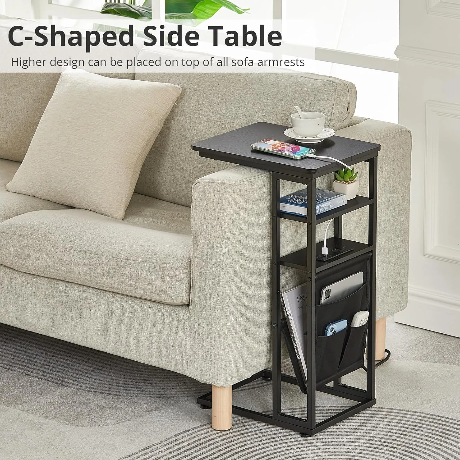 C Shaped End Table with Charging Station, C Shape End Table for Couch, 28"(H) C Shaped Side Table with Storage Bag, C Table for Sofa with 2 Storage Shelf for Living Room, Bedroom