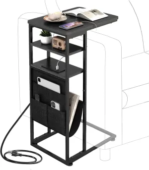 C Shaped End Table with Charging Station, C Shape End Table for Couch, 28"(H) C Shaped Side Table with Storage Bag, C Table for Sofa with 2 Storage Shelf for Living Room, Bedroom