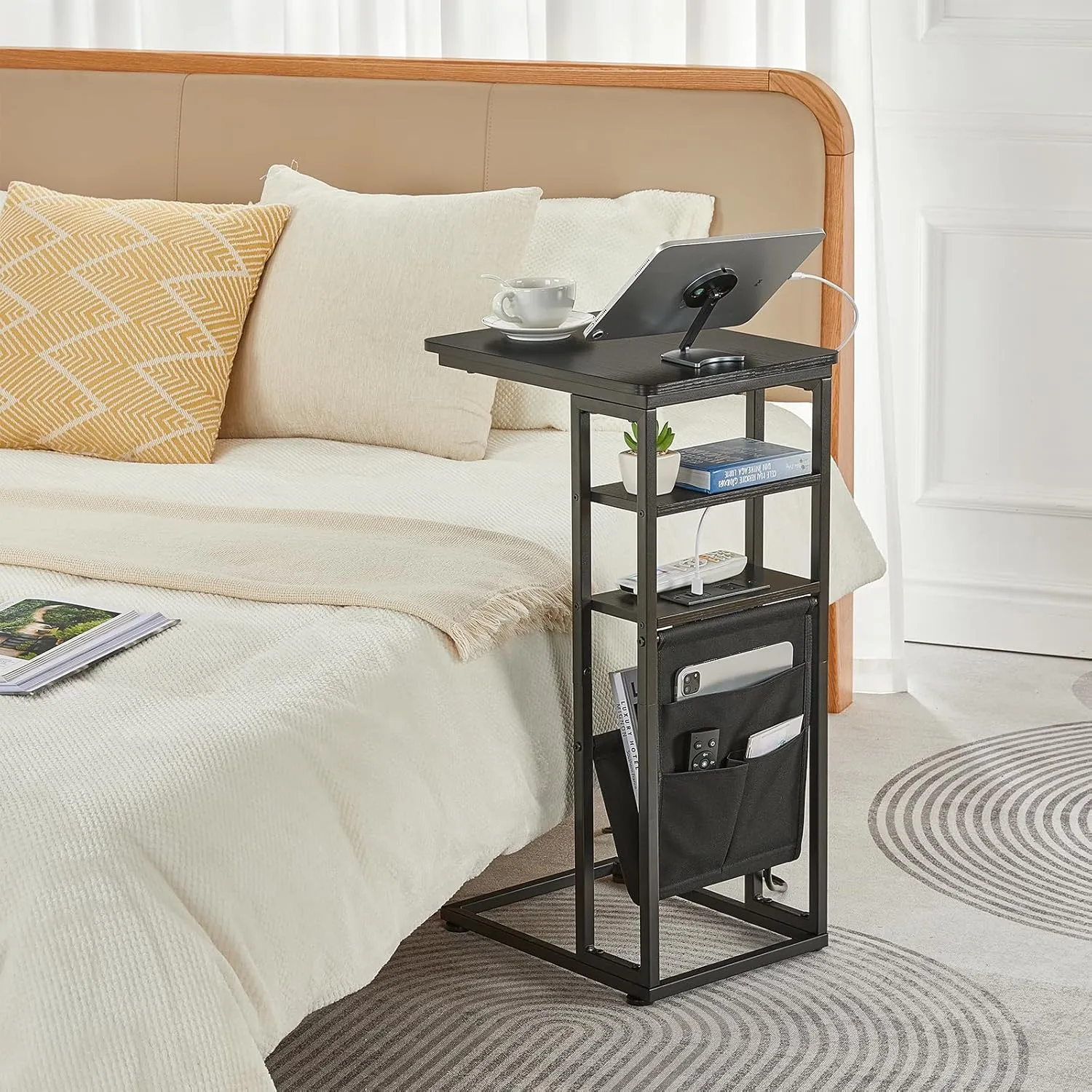 C Shaped End Table with Charging Station, C Shape End Table for Couch, 28"(H) C Shaped Side Table with Storage Bag, C Table for Sofa with 2 Storage Shelf for Living Room, Bedroom