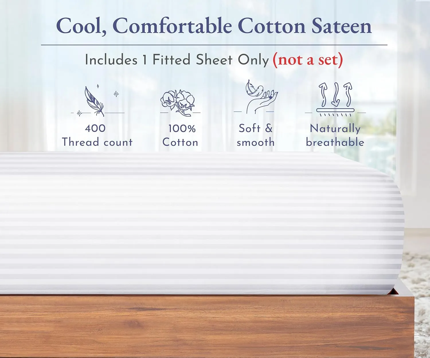 California Design Den Natural 100% Cotton Fitted Sheet Queen Size Only - Soft 400 Thread Count Sateen, Deep Pocket Queen Fitted Sheet, No-Pop Off Elastic, Cool and Durable - Striped White