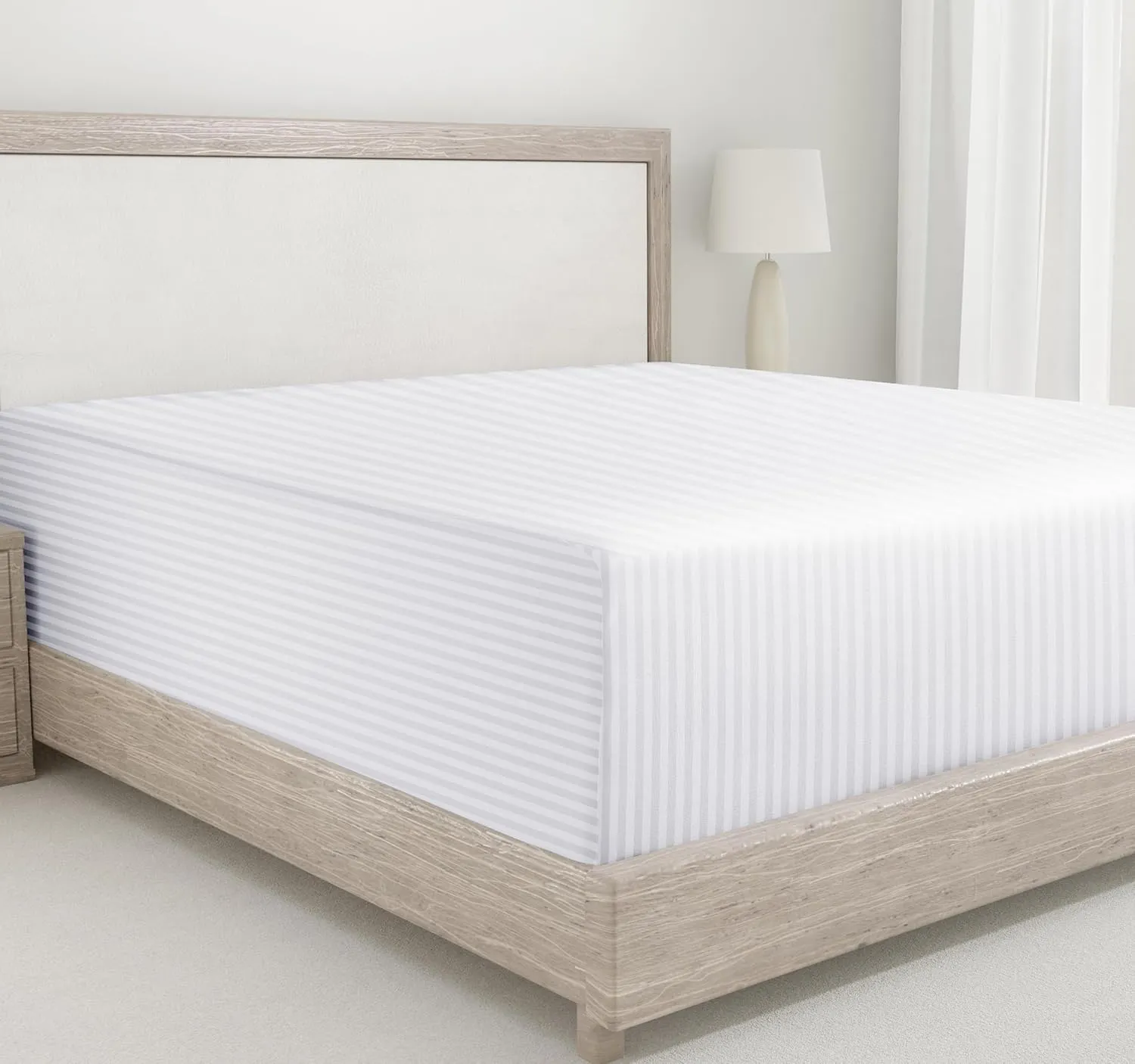 California Design Den Natural 100% Cotton Fitted Sheet Queen Size Only - Soft 400 Thread Count Sateen, Deep Pocket Queen Fitted Sheet, No-Pop Off Elastic, Cool and Durable - Striped White