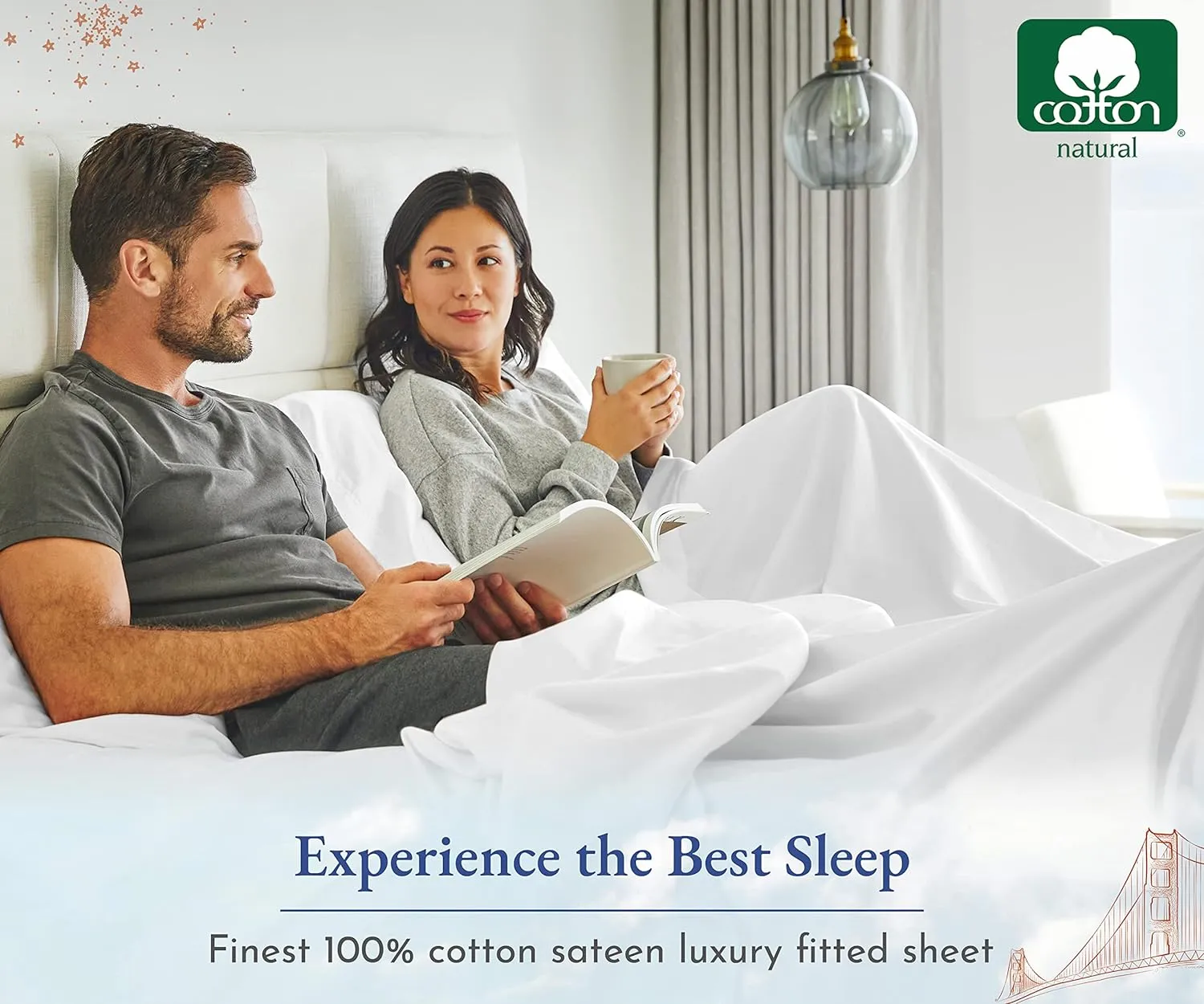 California Design Den Natural 100% Cotton Fitted Sheet Queen Size Only - Soft 400 Thread Count Sateen, Deep Pocket Queen Fitted Sheet, No-Pop Off Elastic, Cool and Durable - Striped White