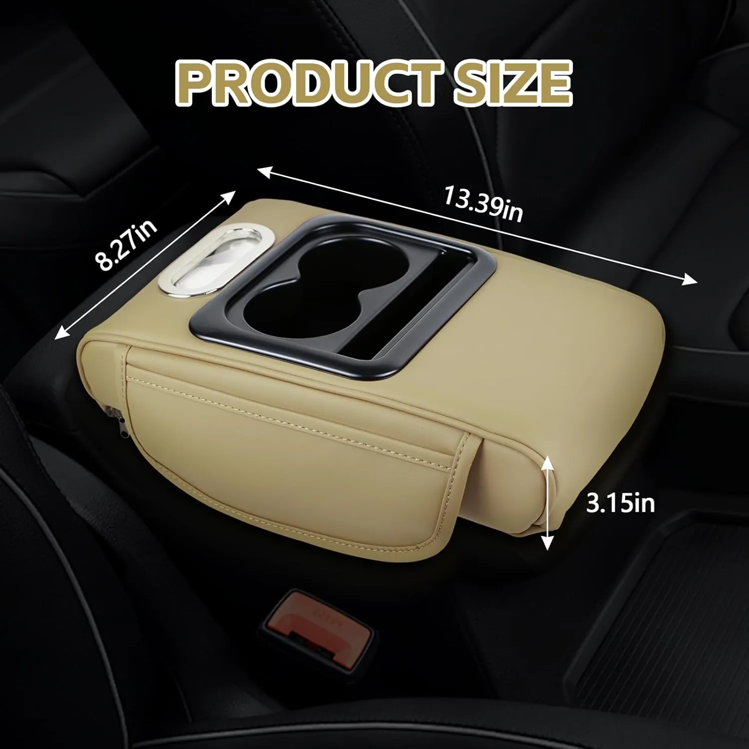Car Center Console Cover, 13.39"×8.27"×3.15" Leather Car Armrest Cover with Pocket & Tissue Box & Cup Holder, Multifunctional Auto Armrest Cushion Pad, Universal Car Accessories (Brown)