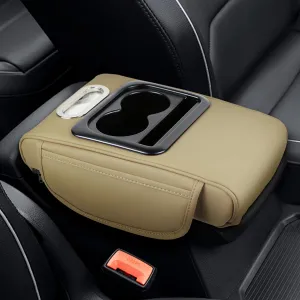 Car Center Console Cover, 13.39"×8.27"×3.15" Leather Car Armrest Cover with Pocket & Tissue Box & Cup Holder, Multifunctional Auto Armrest Cushion Pad, Universal Car Accessories (Brown)