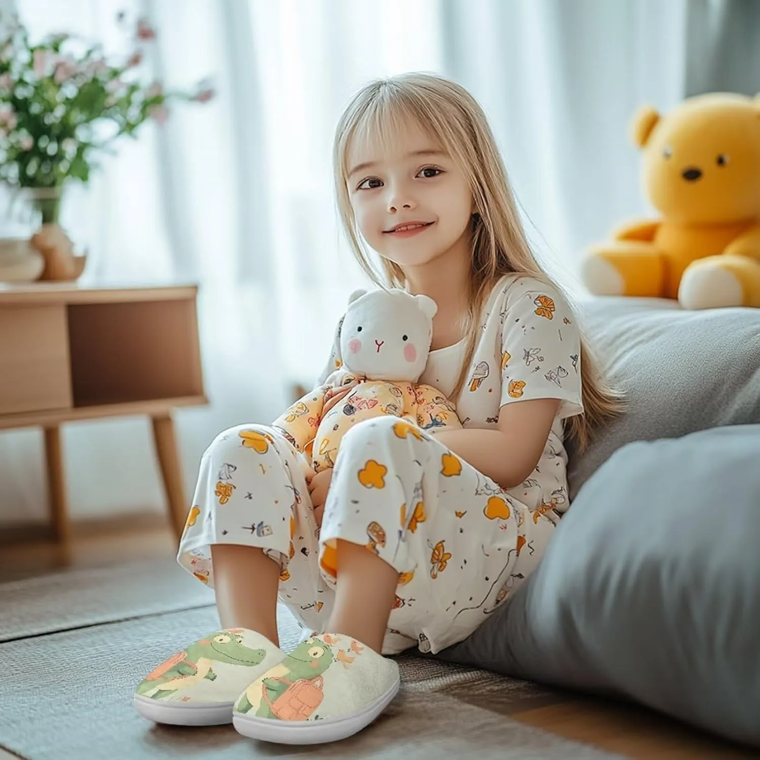 Cartoon Animal Fuzzy Plush Slippers for Little Kids Non-Slip Warm House Shoes Comfortable Indoor Winter Shoes SizeUS 9-15