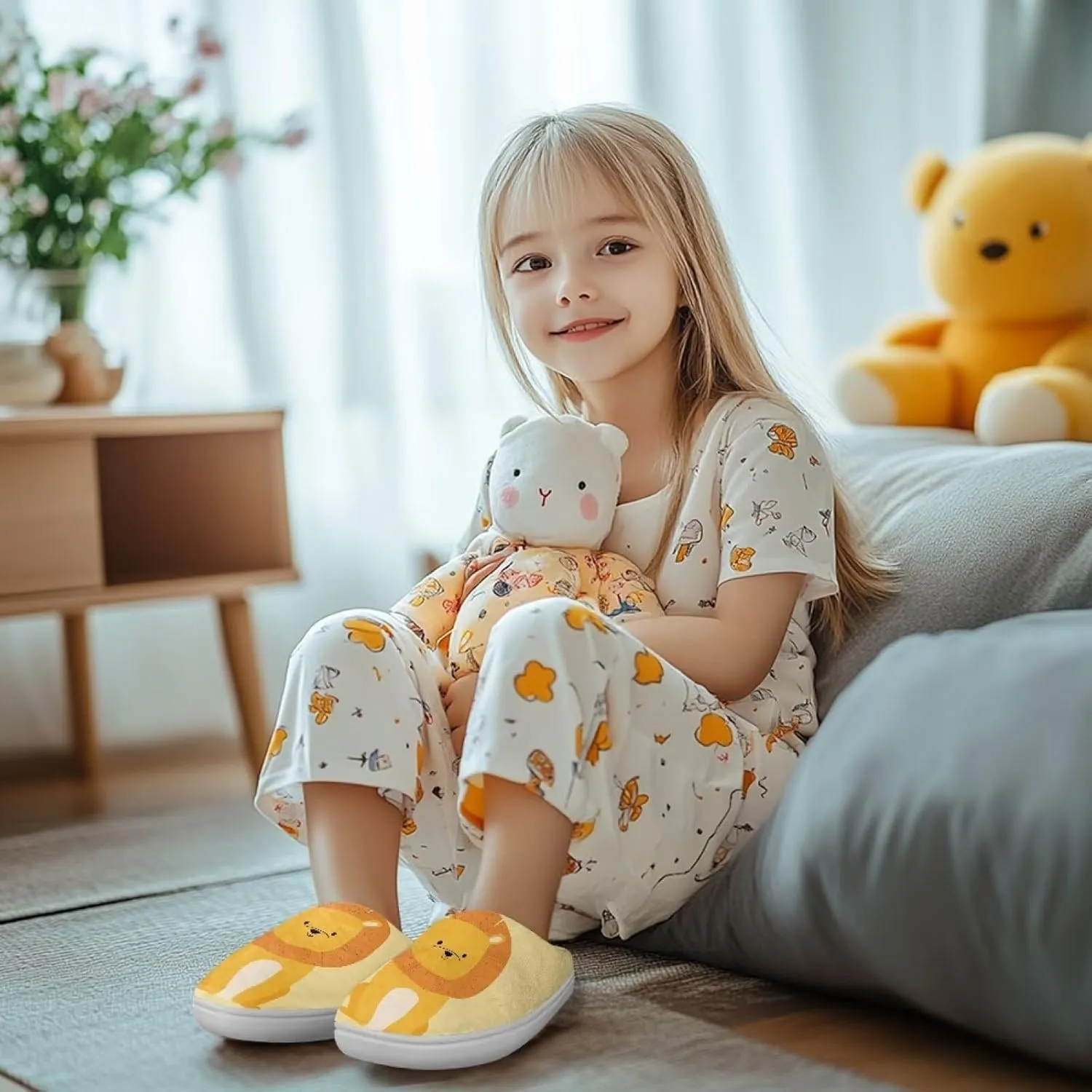 Cartoon Animals Plush Slippers for Kids Warm Fuzzy Indoor Shoes Boys Girls Cozy Winter Slippers Closed Toe Bedroom Soft Non Slip House Slippers US Size 9-15