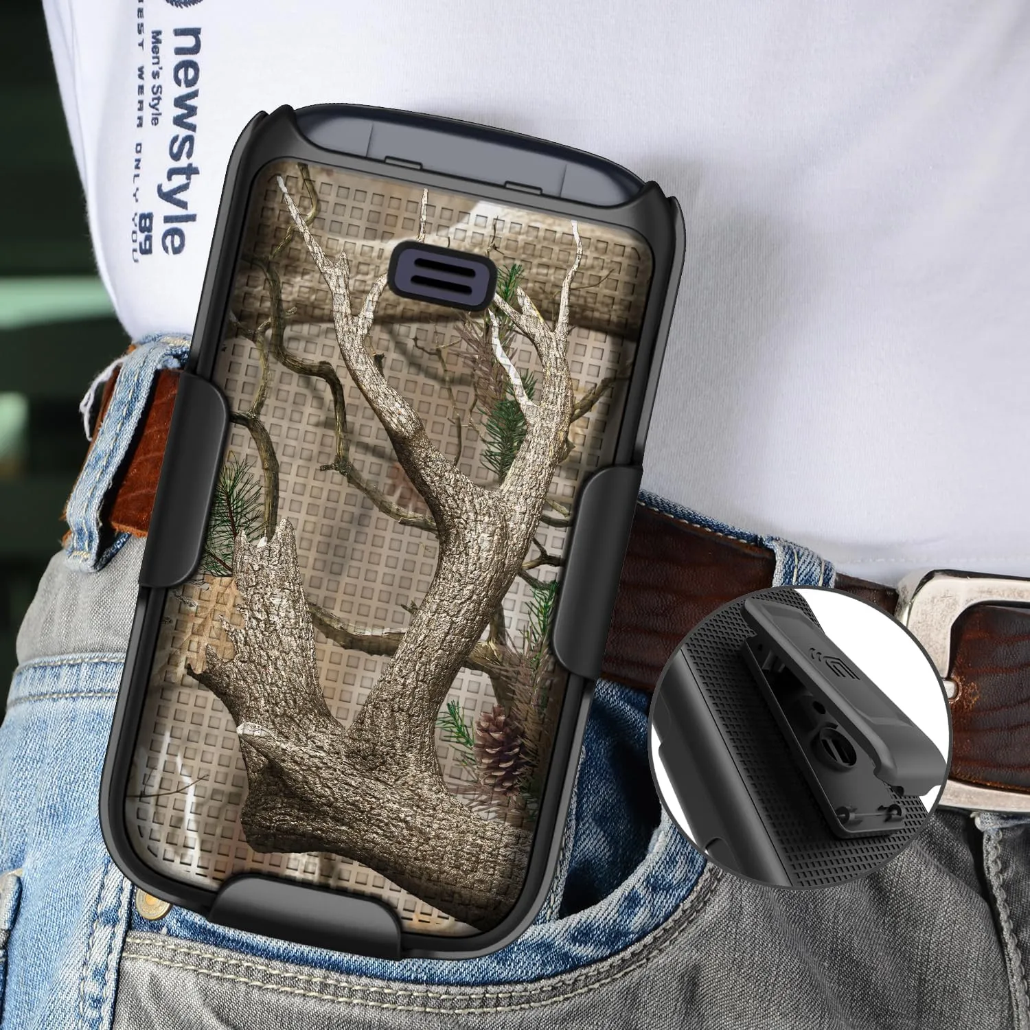 Case with Clip for Go Flip 4 / TCL FLIP Pro Phone, Nakedcellphone [Outdoor Camouflage] Slim Hard Shell Cover and [Rotating/Ratchet] Belt Hip Holster Holder Combo - Tree Leaf Real Woods Camo Design