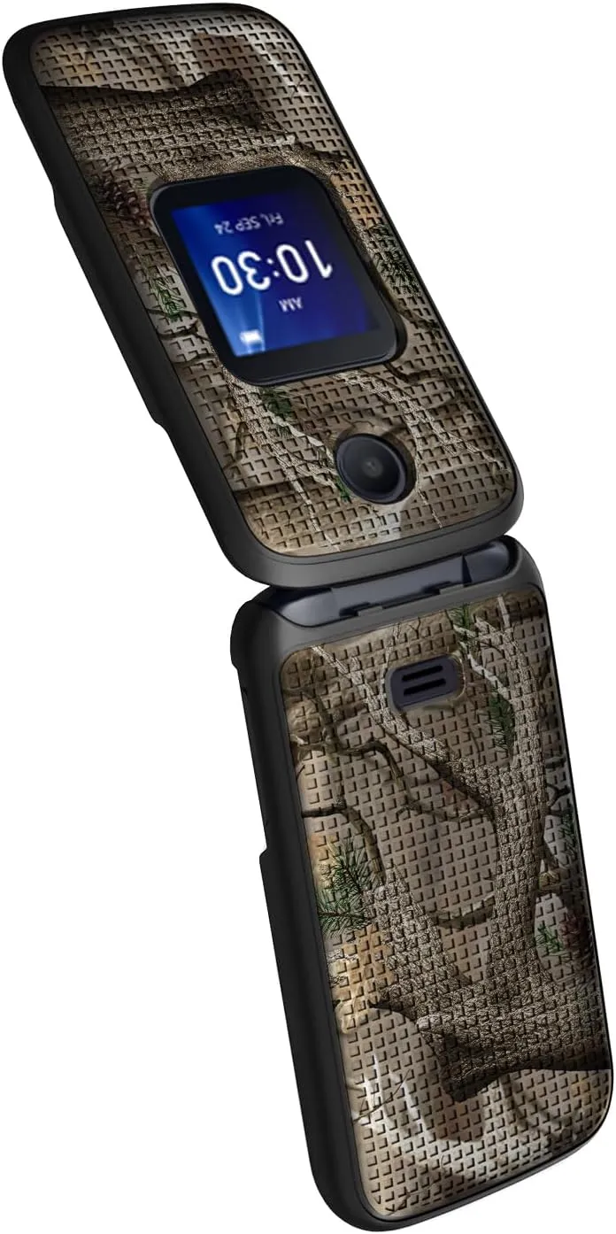 Case with Clip for Go Flip 4 / TCL FLIP Pro Phone, Nakedcellphone [Outdoor Camouflage] Slim Hard Shell Cover and [Rotating/Ratchet] Belt Hip Holster Holder Combo - Tree Leaf Real Woods Camo Design