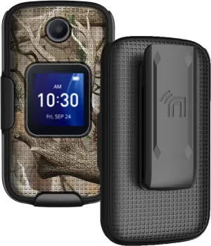 Case with Clip for Go Flip 4 / TCL FLIP Pro Phone, Nakedcellphone [Outdoor Camouflage] Slim Hard Shell Cover and [Rotating/Ratchet] Belt Hip Holster Holder Combo - Tree Leaf Real Woods Camo Design