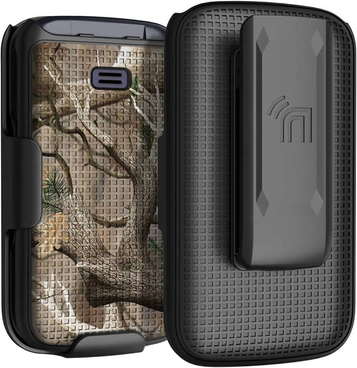 Case with Clip for Go Flip 4 / TCL FLIP Pro Phone, Nakedcellphone [Outdoor Camouflage] Slim Hard Shell Cover and [Rotating/Ratchet] Belt Hip Holster Holder Combo - Tree Leaf Real Woods Camo Design