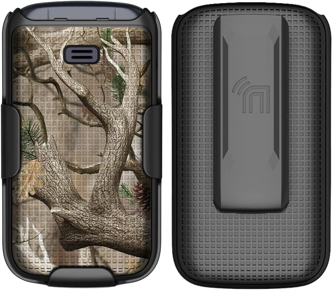 Case with Clip for Go Flip 4 / TCL FLIP Pro Phone, Nakedcellphone [Outdoor Camouflage] Slim Hard Shell Cover and [Rotating/Ratchet] Belt Hip Holster Holder Combo - Tree Leaf Real Woods Camo Design