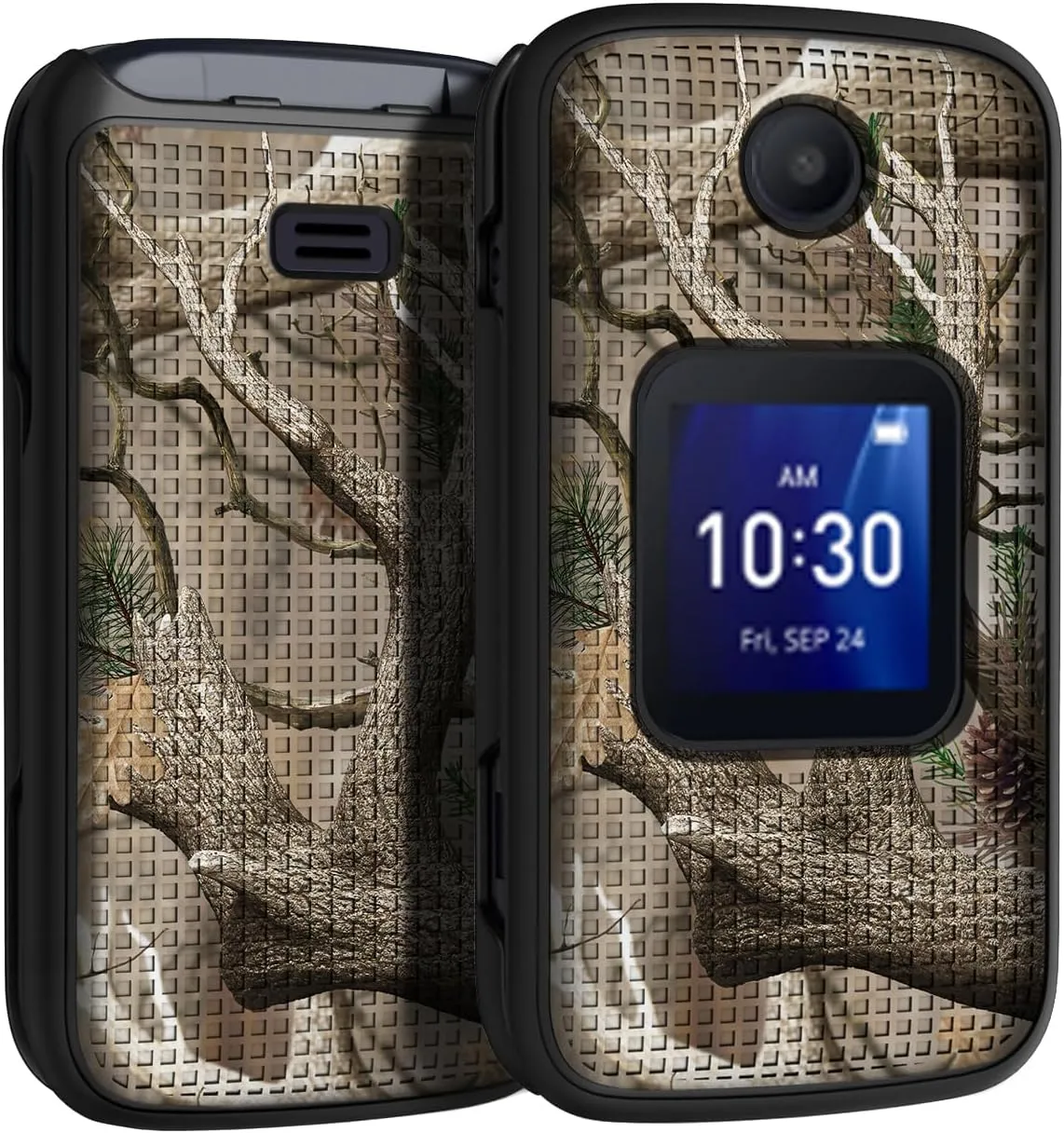 Case with Clip for Go Flip 4 / TCL FLIP Pro Phone, Nakedcellphone [Outdoor Camouflage] Slim Hard Shell Cover and [Rotating/Ratchet] Belt Hip Holster Holder Combo - Tree Leaf Real Woods Camo Design