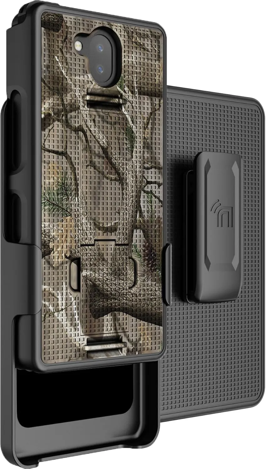 Case with Clip for Sonim XP10 5G, Nakedcellphone [Outdoor Camouflage] Slim Hard Phone Cover with Kickstand and Belt Hip Holster Combo for XP9900 (2022) - Tree Leaf Real Woods Camo
