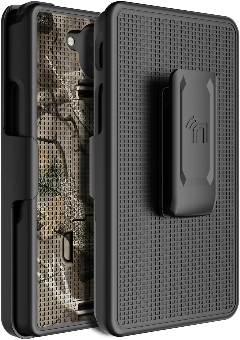 Case with Clip for Sonim XP10 5G, Nakedcellphone [Outdoor Camouflage] Slim Hard Phone Cover with Kickstand and Belt Hip Holster Combo for XP9900 (2022) - Tree Leaf Real Woods Camo