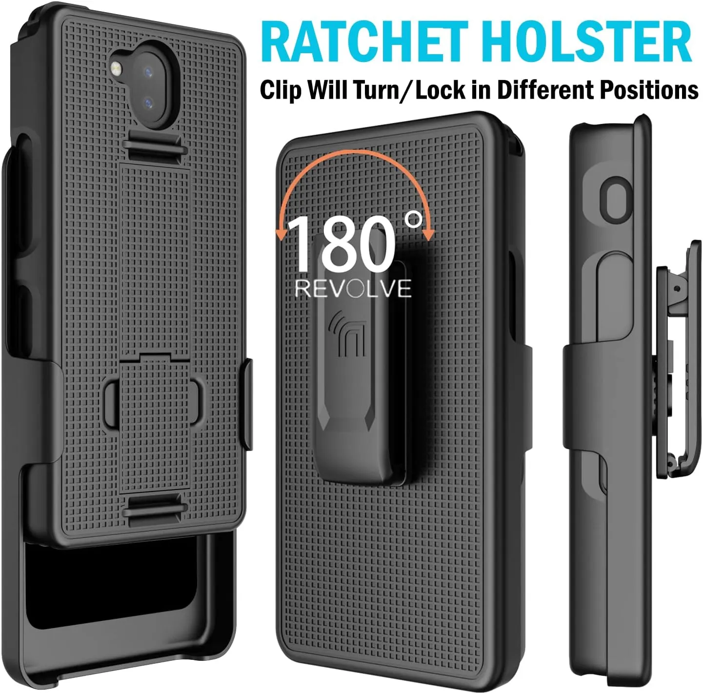 Case with Clip for Sonim XP10 5G, Nakedcellphone Slim Hard Shell Phone Cover with Kickstand and [Rotating/Ratchet] Belt Hip Holster Holder Combo for XP9900 (2022) - Black