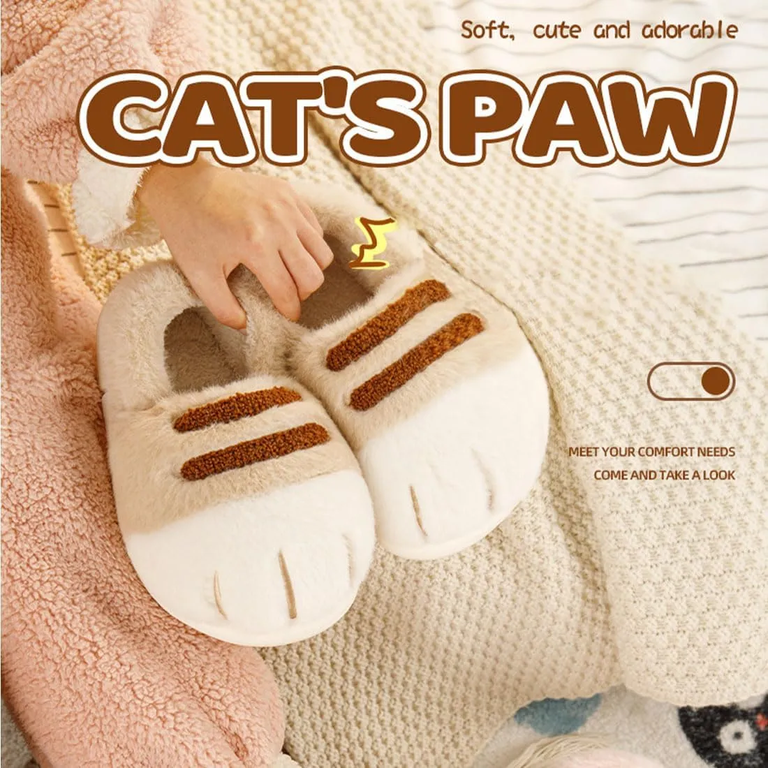 Cat Paw Slippers, Winter Warm Platform Cat Feet Slippers, Cute Fluffy Animal Cat Paw Slippers for Women