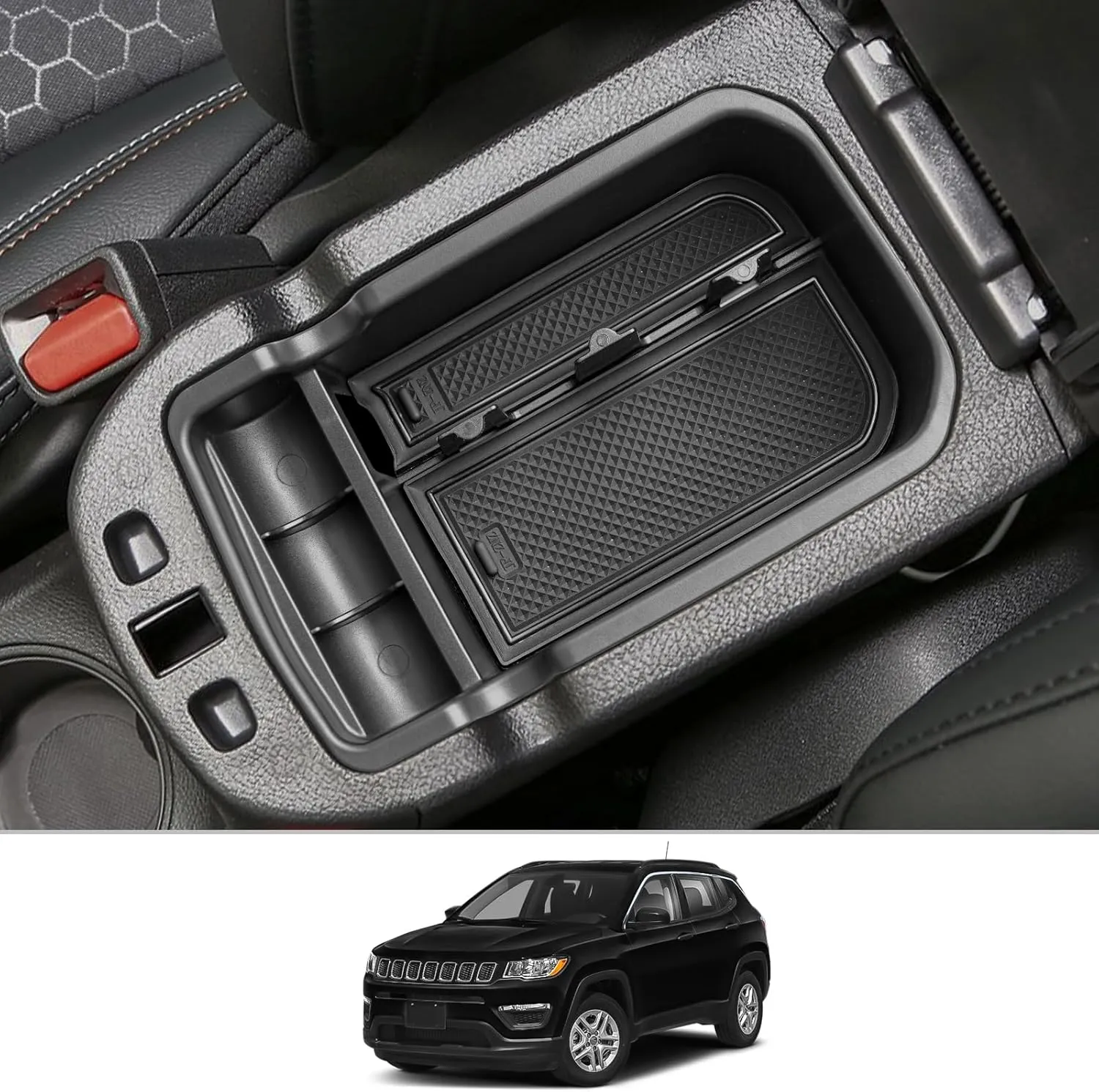 CDEFG Center Console Accessory Organizer Compatible with 2017 2018 2019 2020 2021 Compass, ABS Material Armrest Box Insert Tray Glove Secondary Storage Box (Black)