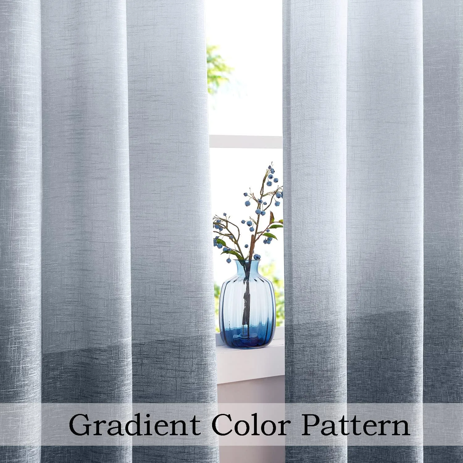 Central Park Ombre Window Curtain Panel Linen Gradient Print on Rayon Blend Fabric Drapery Treatments for Living Room/Bedroom, Cream White to Indigo Blue, 40" x 84", Set of 2