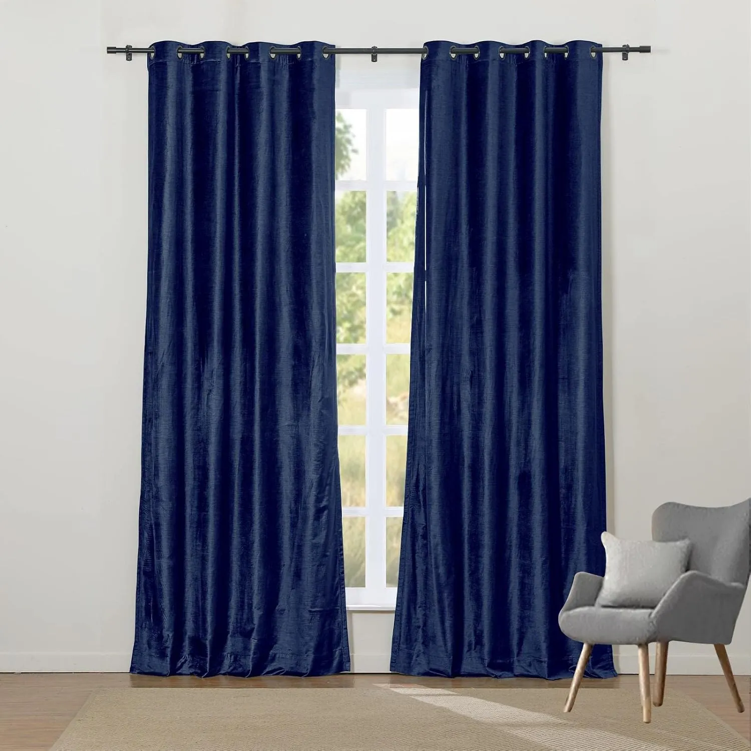 ChadMade Luster Cotton Velvet Grommet Lined Curtain for Dining Room Heavyweight 108 Inches Long Luxury Room Darkening Drape Midnight Wide 50xLong 108 inch, Veda Collection (1 Panel)