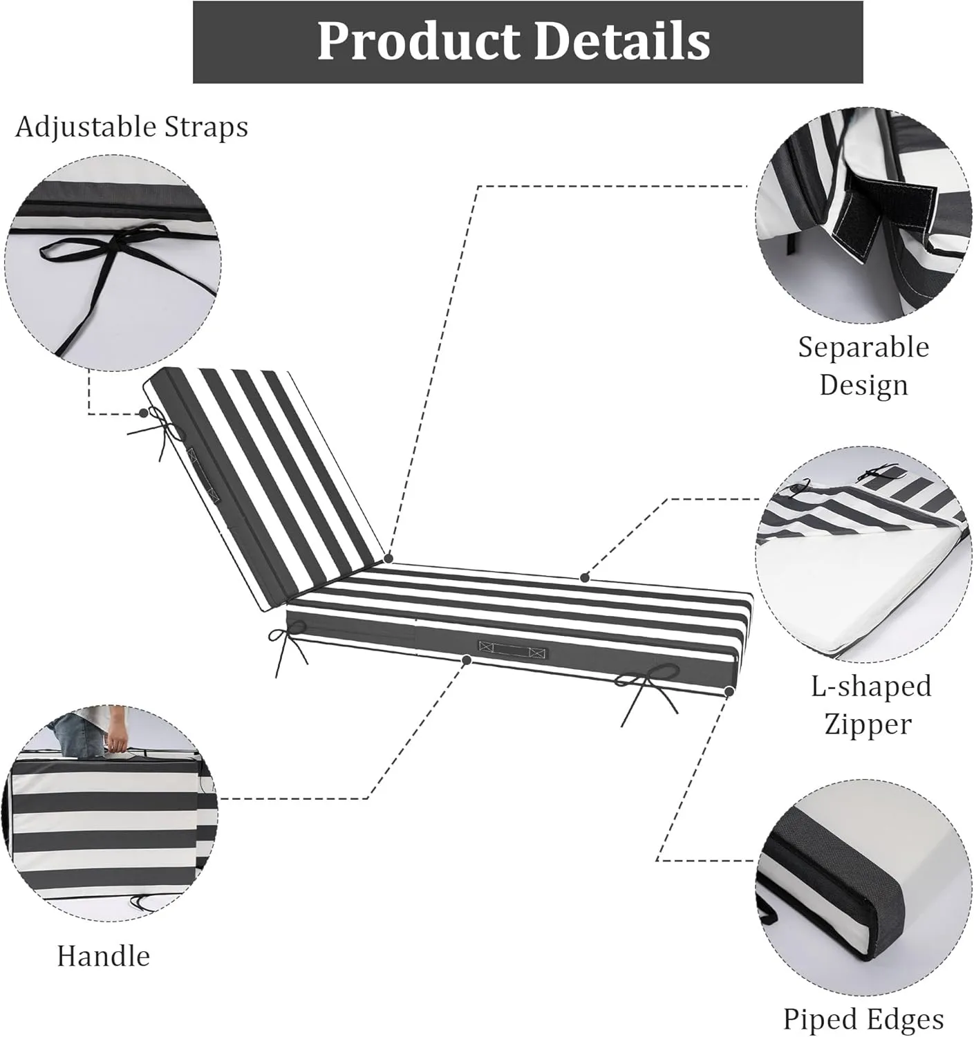 Chaise Lounge Cushions Outdoor Furniture 80 x 26 Inch Patio Lounge Chair Cushions 4'' Thick Waterproof Outdoor Chaise Cushion Weather Resistant Pool Lounger Cushion(Black Stripe)