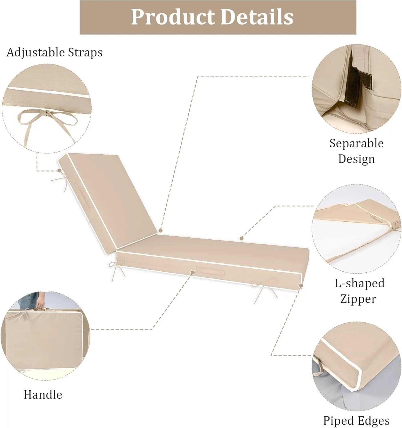 Chaise Lounge Cushions Outdoor Furniture 80 x 26 Inch Patio Lounge Chair Cushions 4'' Thick Waterproof Outdoor Chaise Cushion Weather Resistant Pool Lounger Cushion(Khaki)