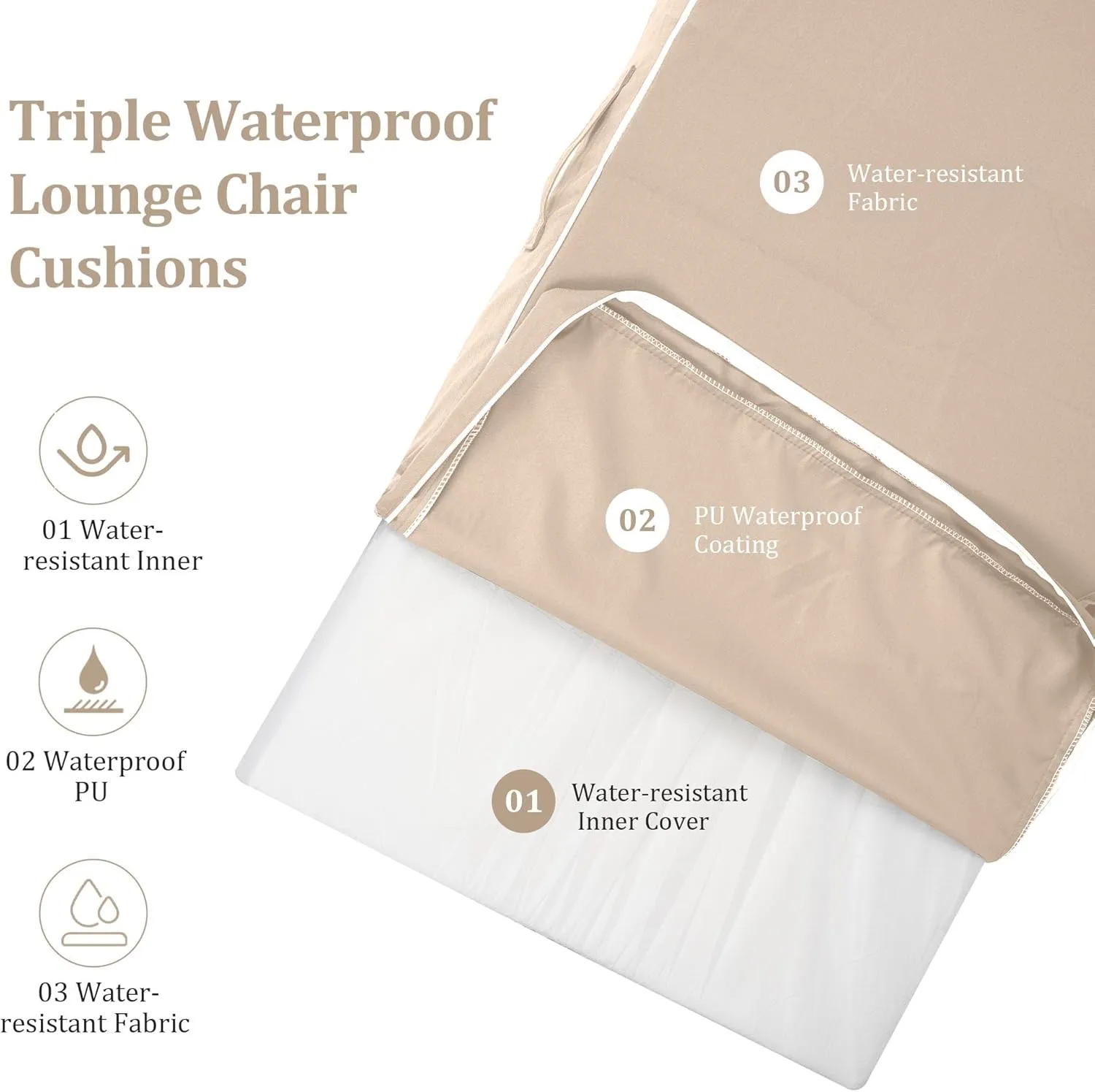 Chaise Lounge Cushions Outdoor Furniture 80 x 26 Inch Patio Lounge Chair Cushions 4'' Thick Waterproof Outdoor Chaise Cushion Weather Resistant Pool Lounger Cushion(Khaki)