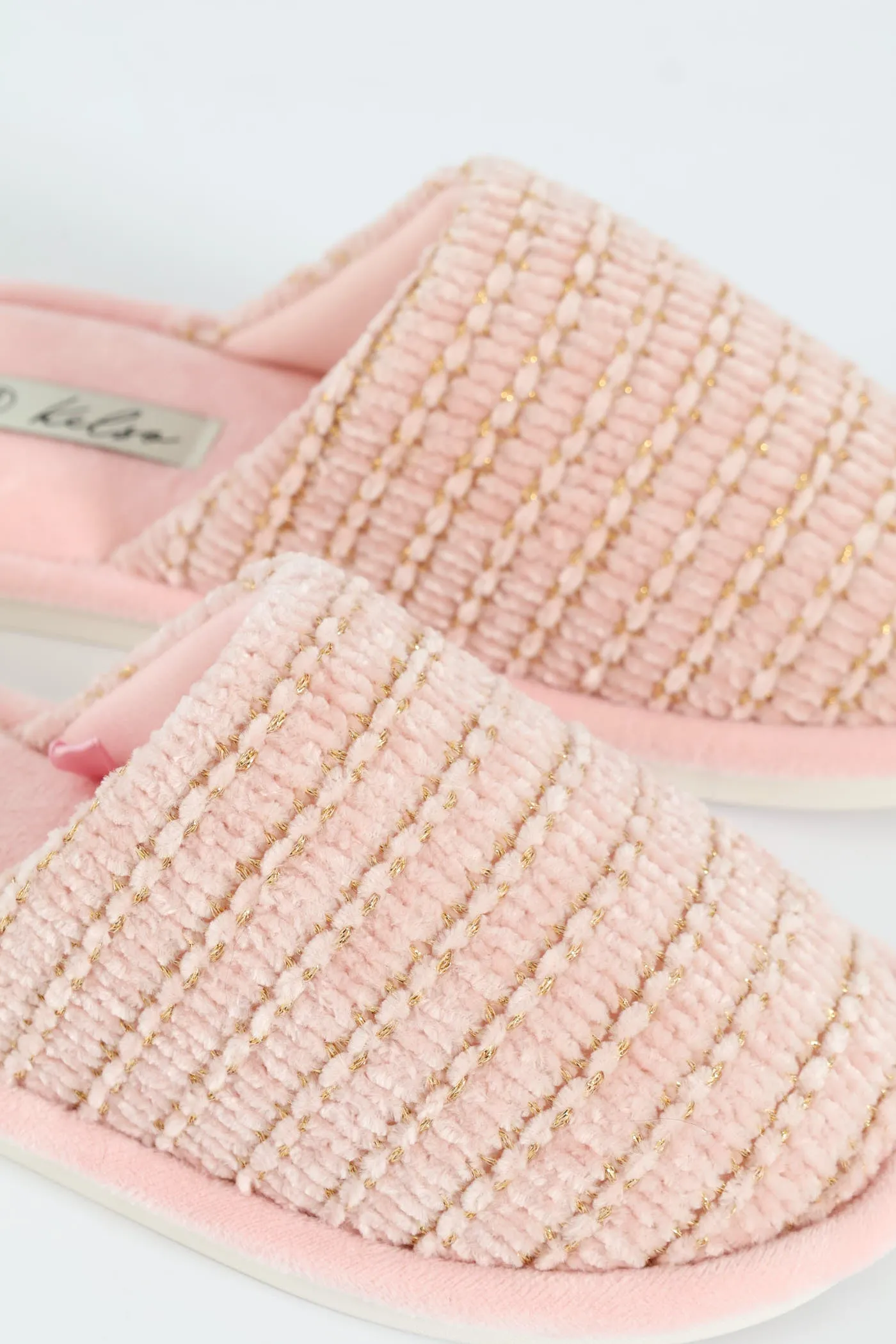 Chenille & Gold Closed Toe Mule Slipper - Blush