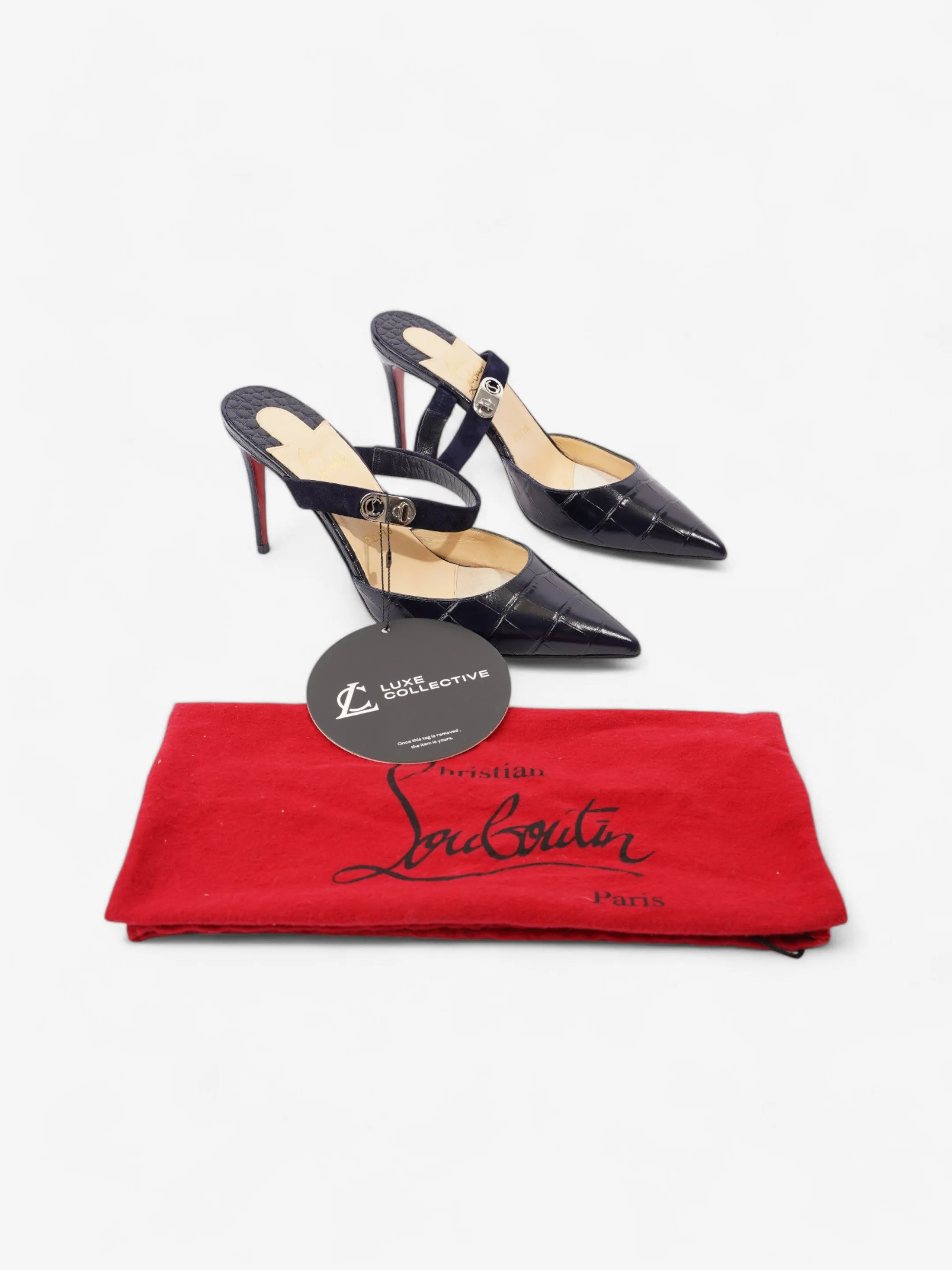 Christian Louboutin Strap Sandal Mule 100 Navy Embossed Leather EU 39 UK 6