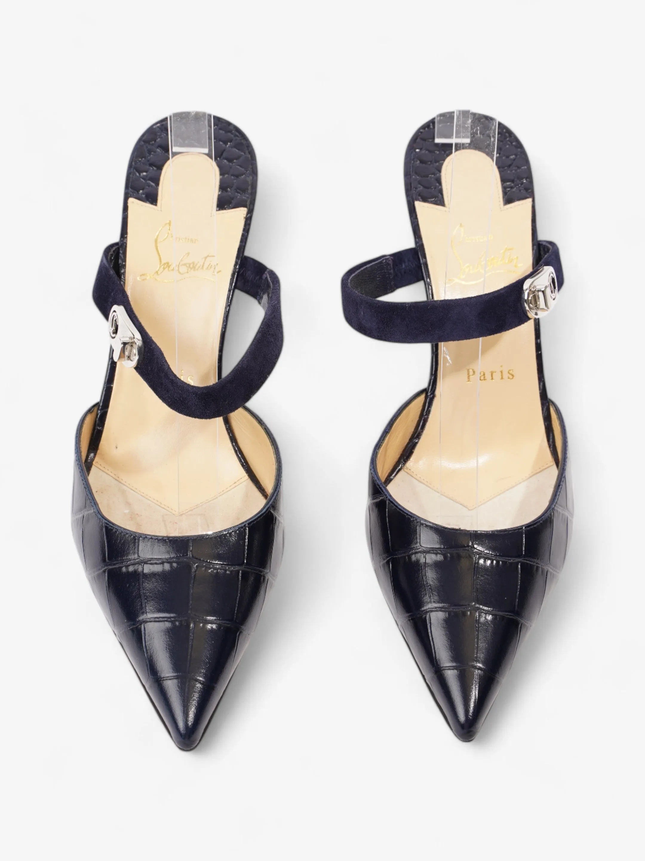 Christian Louboutin Strap Sandal Mule 100 Navy Embossed Leather EU 39 UK 6