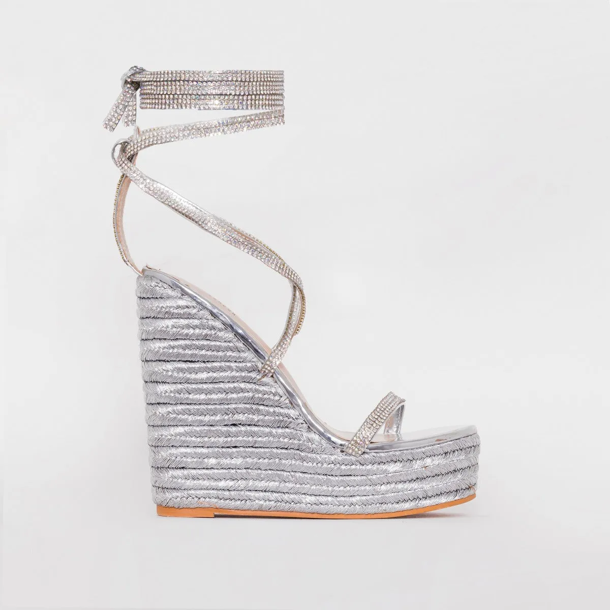 Ciara Silver Lace Up Espadrille Wedges