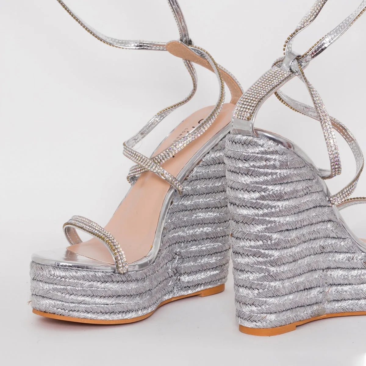 Ciara Silver Lace Up Espadrille Wedges