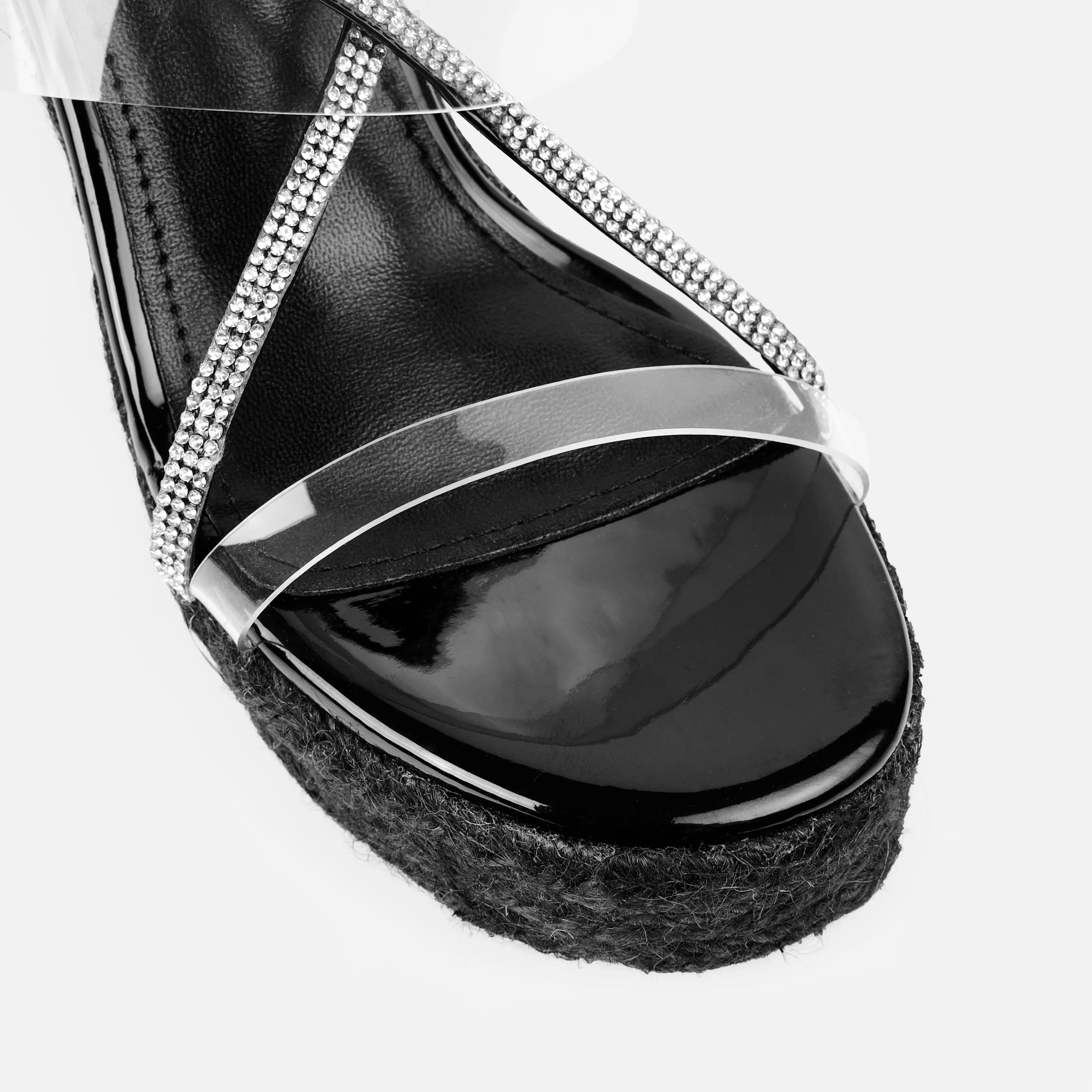 Ciel Clear Black Patent Diamante Lace Up Espadrille Wedges