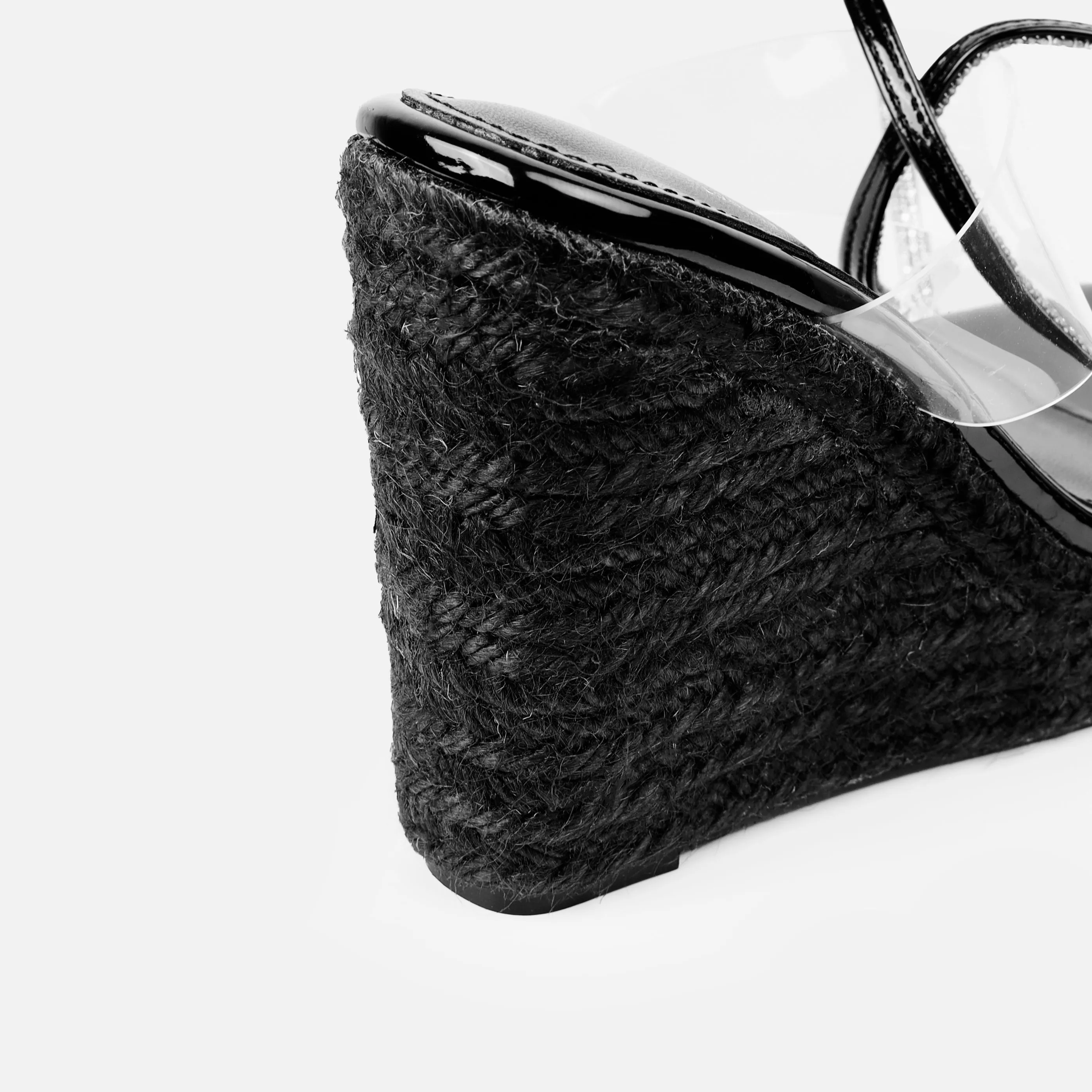 Ciel Clear Black Patent Diamante Lace Up Espadrille Wedges