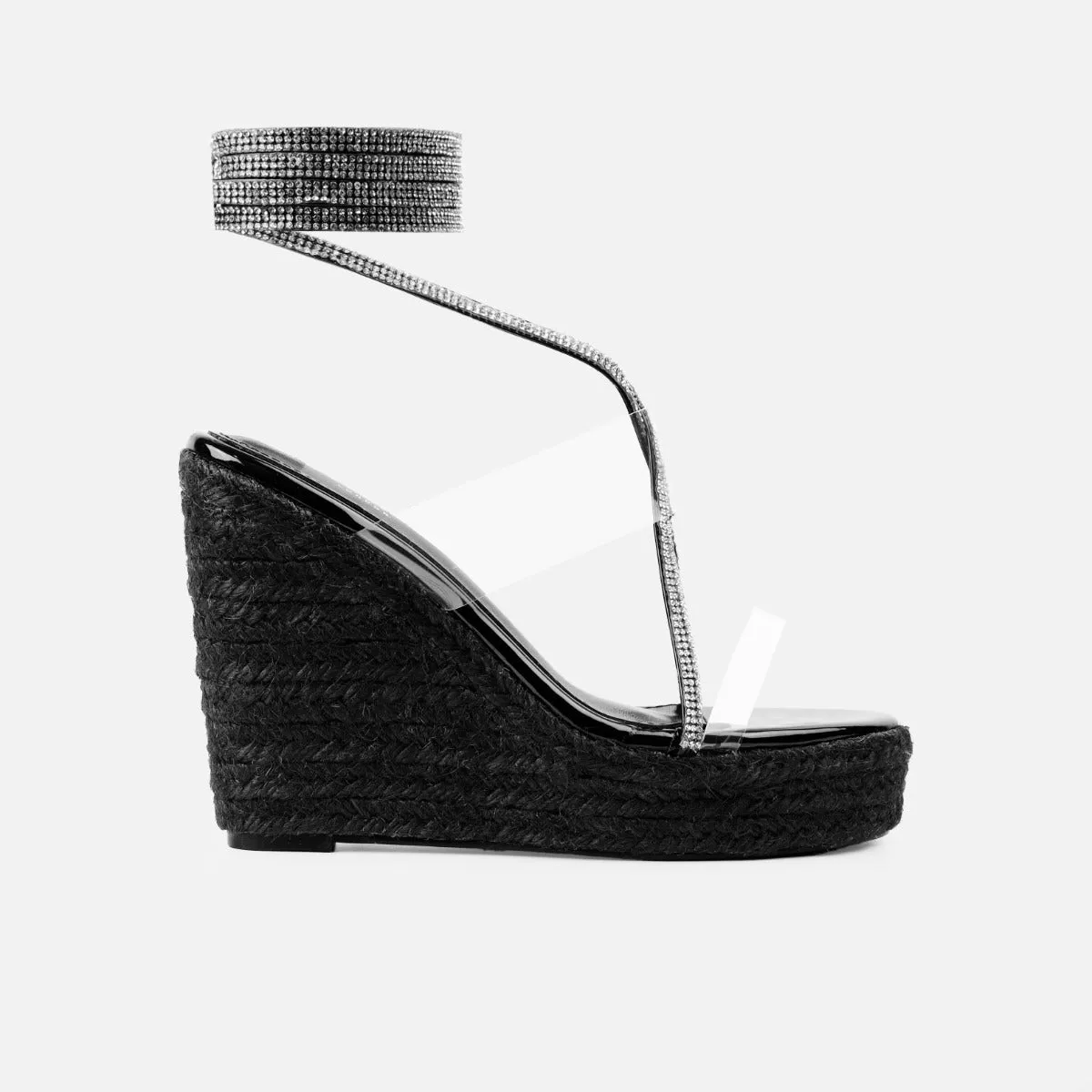 Ciel Clear Black Patent Diamante Lace Up Espadrille Wedges