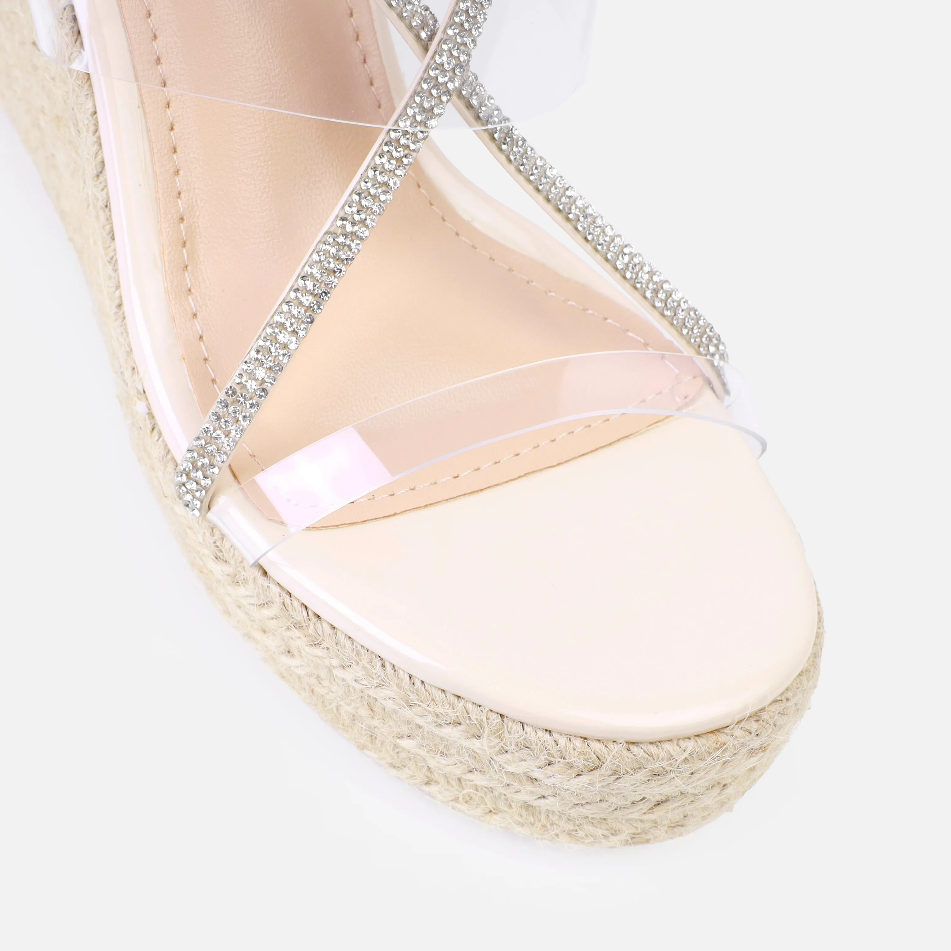 Ciel Clear Stone Patent Diamante Lace Up Espadrille Wedges