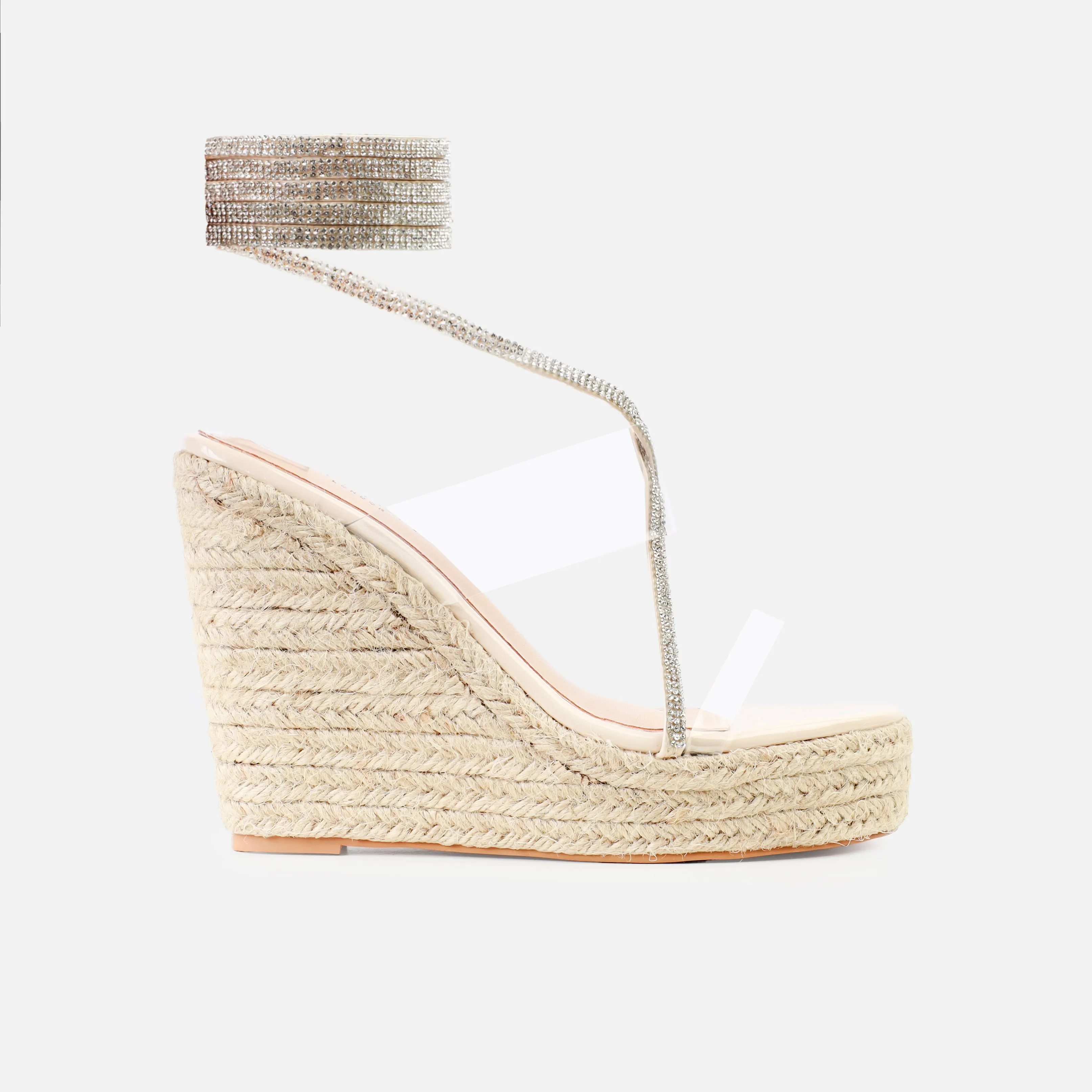 Ciel Clear Stone Patent Diamante Lace Up Espadrille Wedges