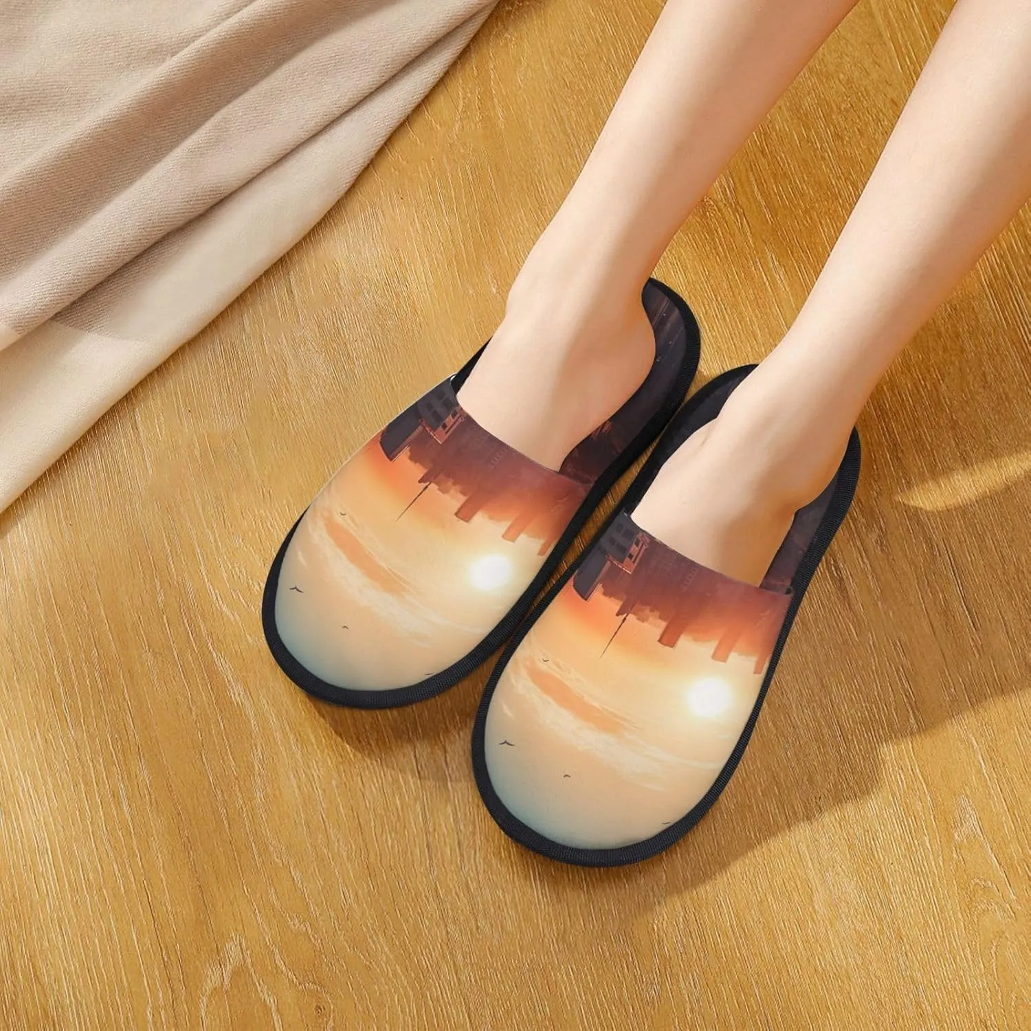 City in the sunset Furry Slippers for Men Women Fuzzy Memory Foam Slippers Warm Comfy Slip-on Bedroom Shoes Winter House Shoes for Indoor Outdoor