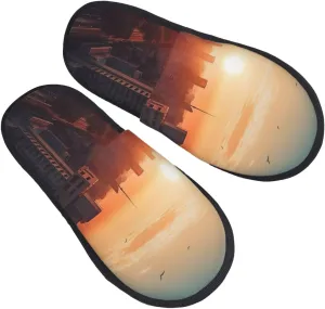 City in the sunset Furry Slippers for Men Women Fuzzy Memory Foam Slippers Warm Comfy Slip-on Bedroom Shoes Winter House Shoes for Indoor Outdoor