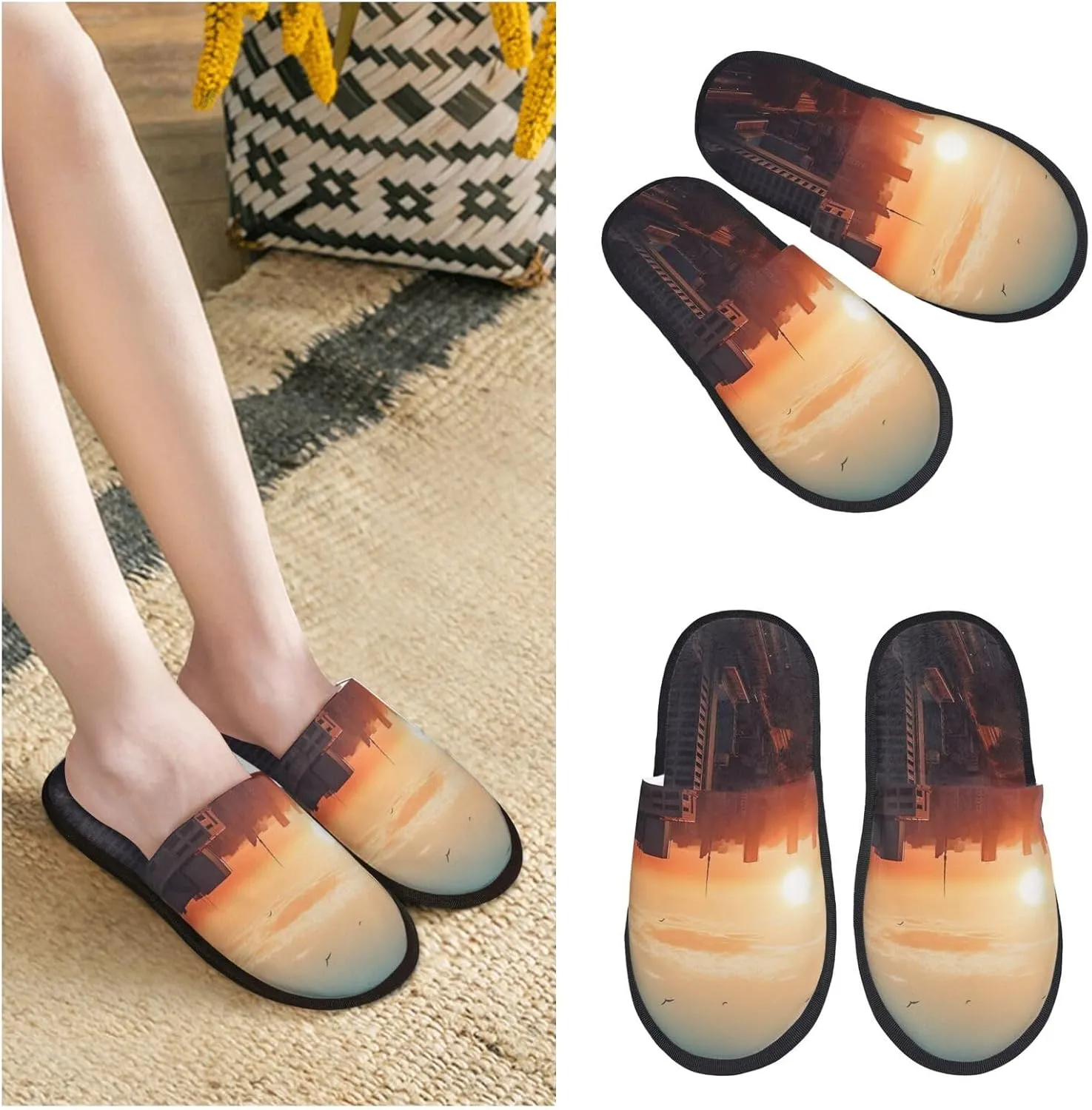 City in the sunset Furry Slippers for Men Women Fuzzy Memory Foam Slippers Warm Comfy Slip-on Bedroom Shoes Winter House Shoes for Indoor Outdoor