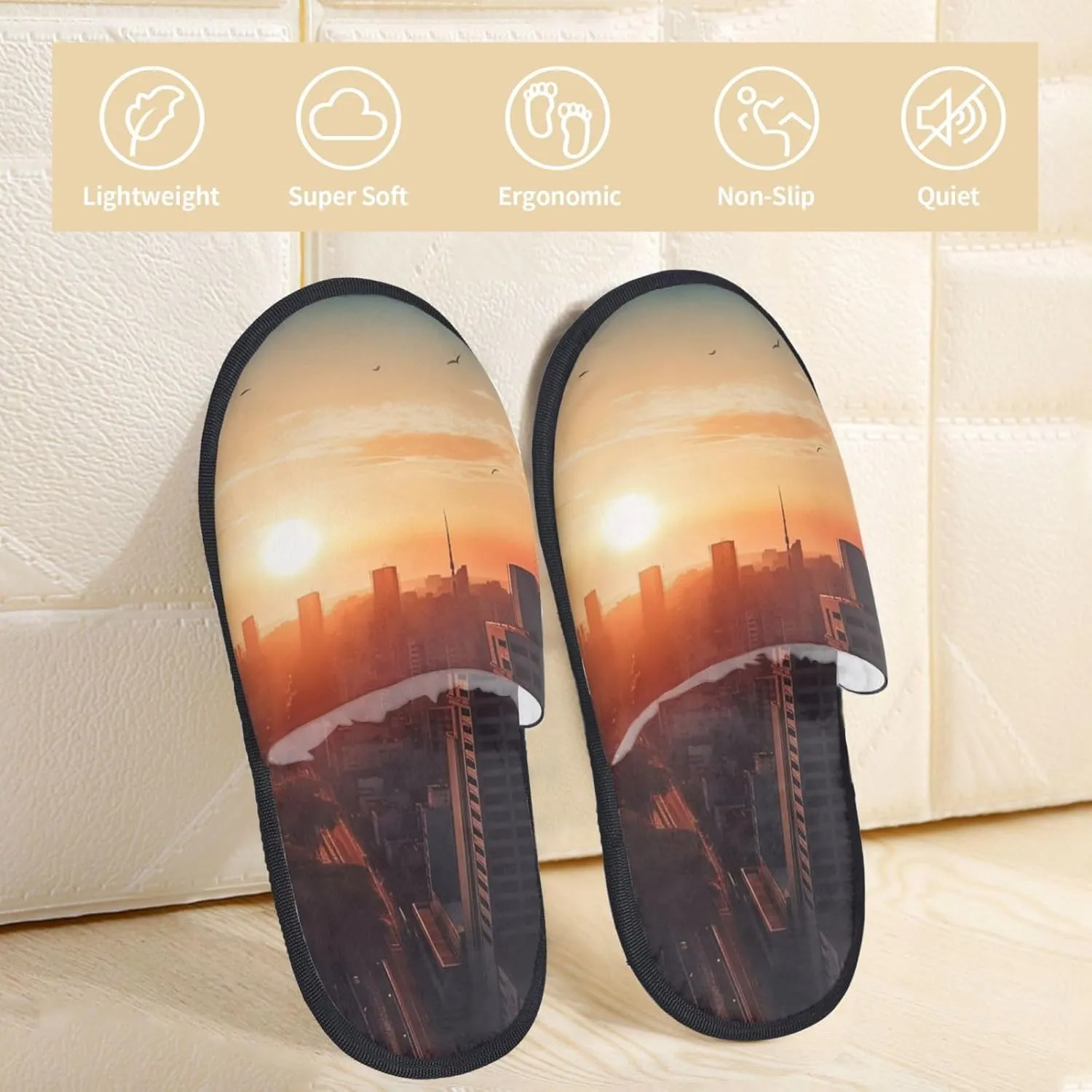 City in the sunset Furry Slippers for Men Women Fuzzy Memory Foam Slippers Warm Comfy Slip-on Bedroom Shoes Winter House Shoes for Indoor Outdoor