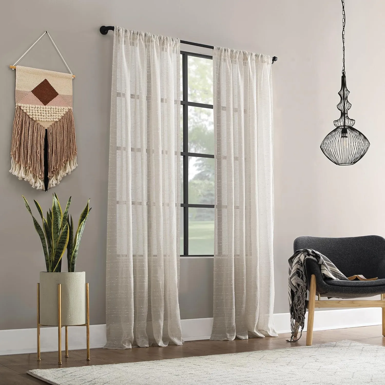 Clean Window Textured Slub Stripe Anti-Dust Allergy/Pet Friendly Sheer Curtain Panel, Linen, 52" W x 84" L (1 Panel)