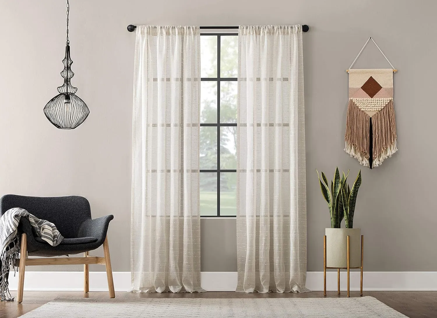Clean Window Textured Slub Stripe Anti-Dust Allergy/Pet Friendly Sheer Curtain Panel, Linen, 52" W x 84" L (1 Panel)
