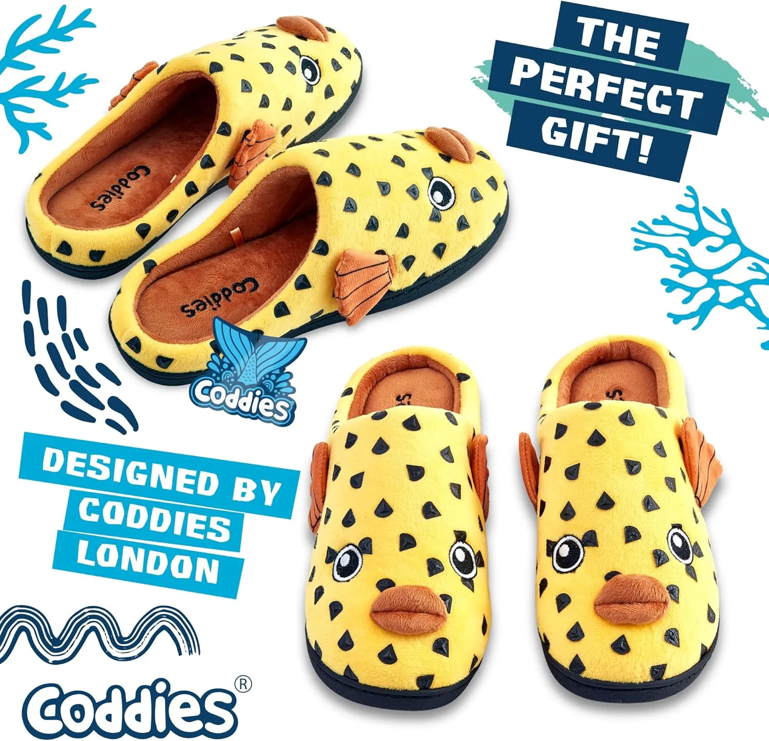 Coddies Pufferfish Slippers | Funny Fish Slippers for Men & Women - Plush Animal House Shoes - Memory Foam Soles - Novelty Gifts